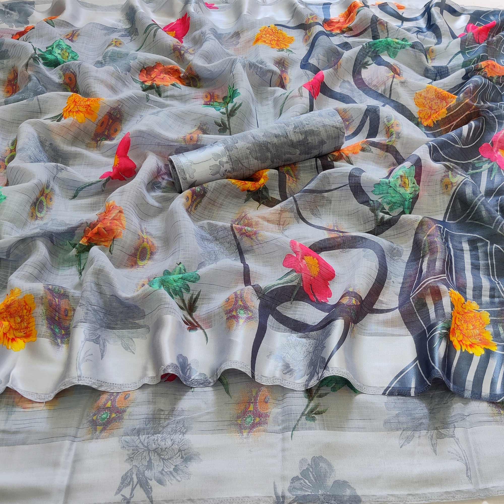 Grey Casual Wear Floral Digital Printed linen Saree - Peachmode