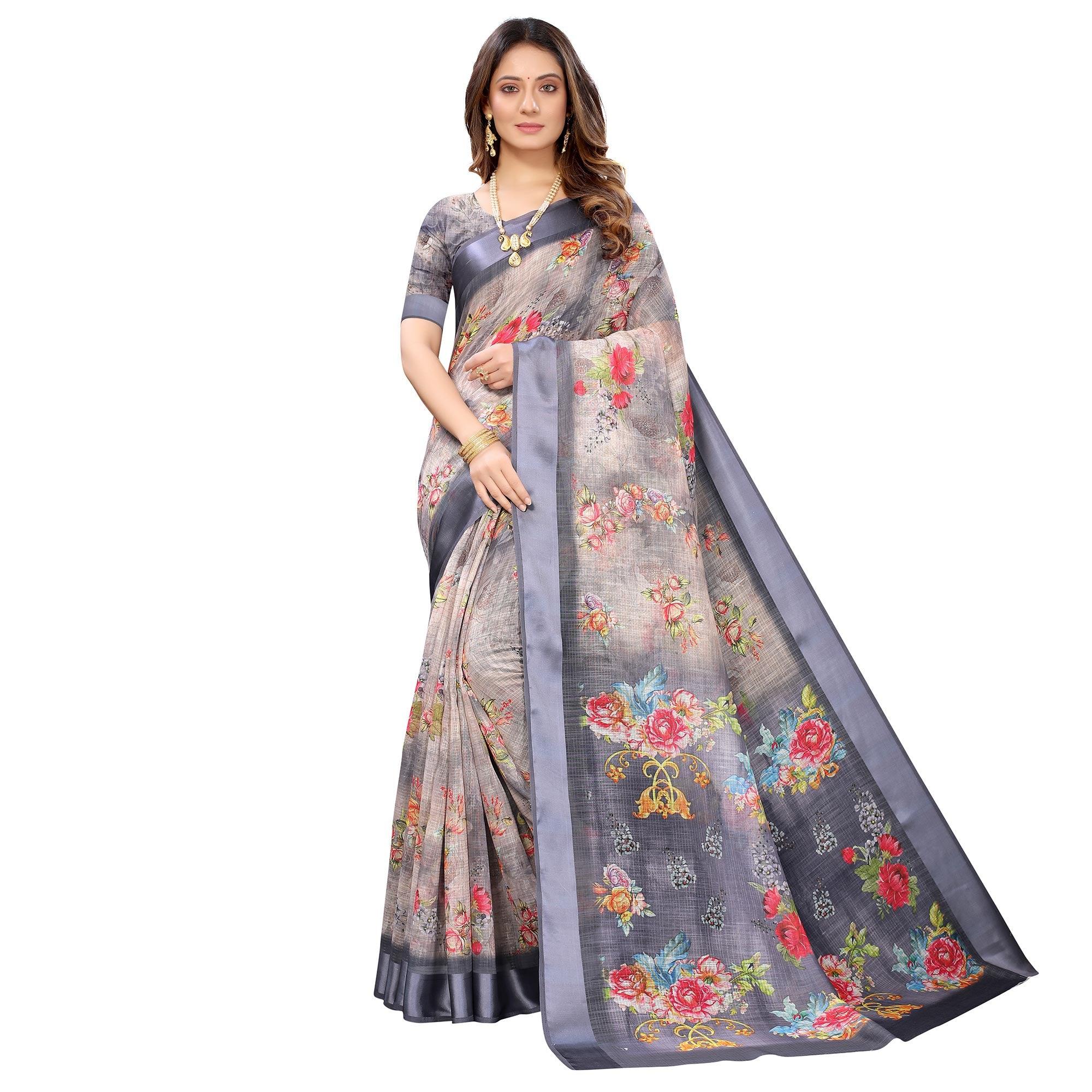 Grey Casual Wear Floral Digital Printed Linen Slub saree - Peachmode