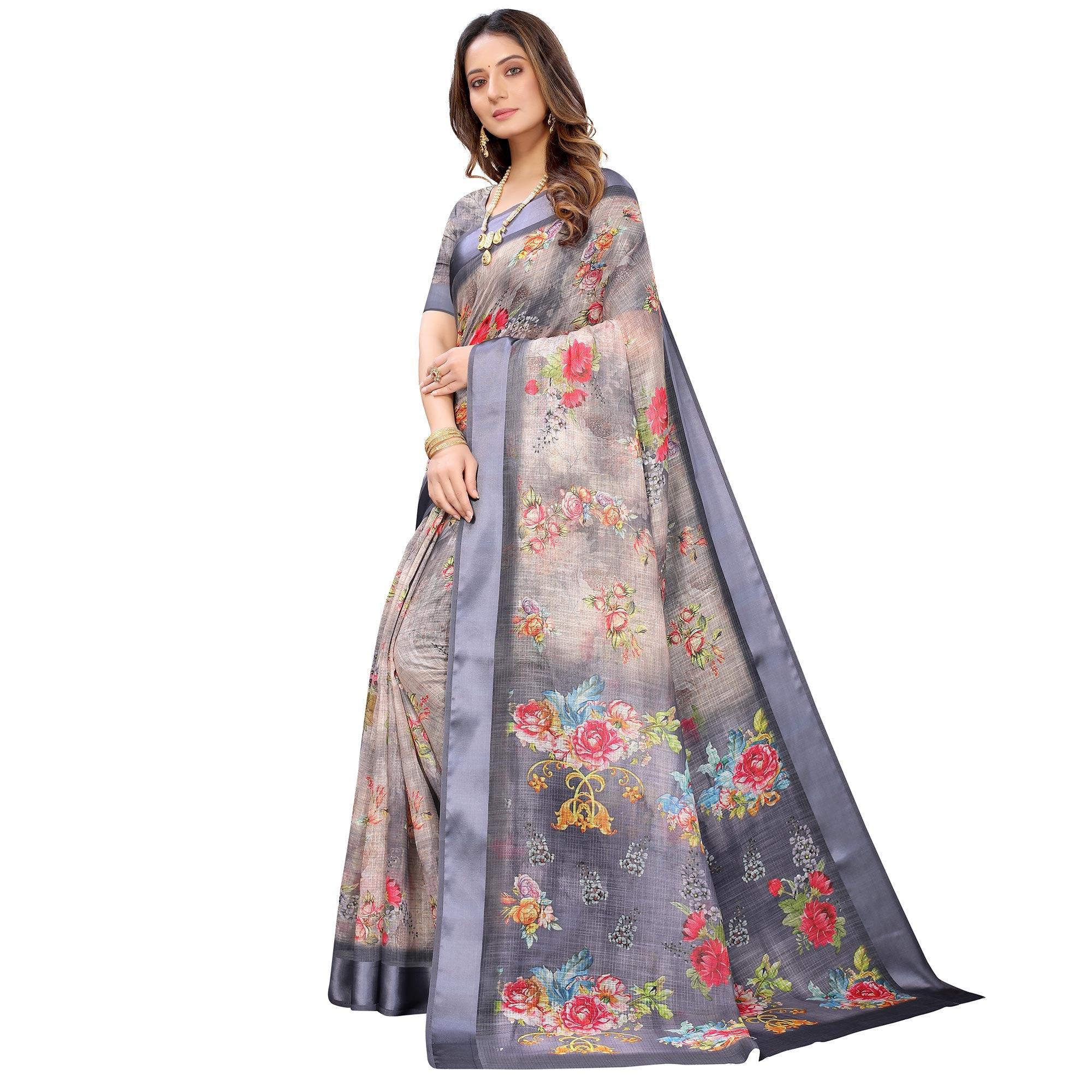 Grey Casual Wear Floral Digital Printed Linen Slub saree - Peachmode
