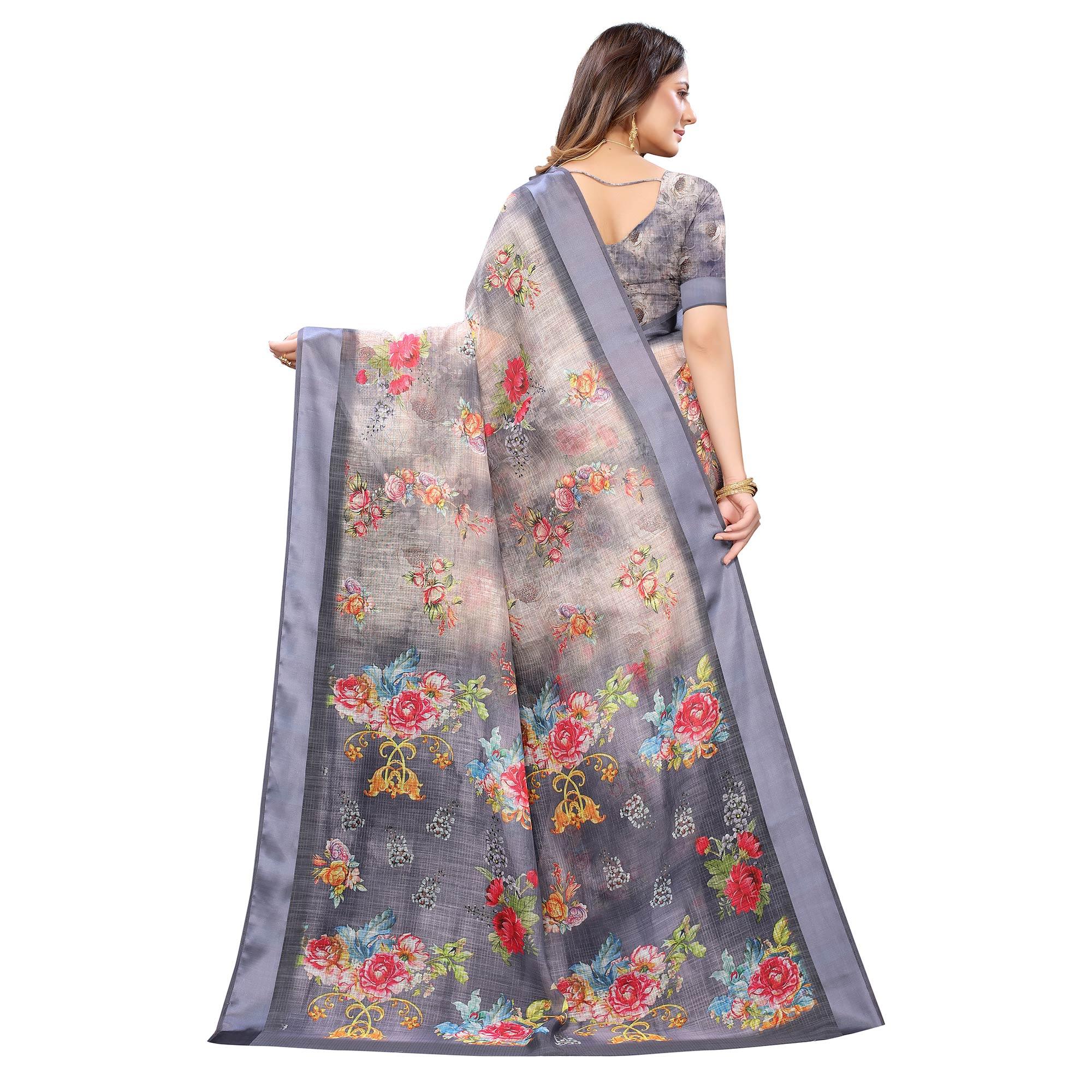Grey Casual Wear Floral Digital Printed Linen Slub saree - Peachmode