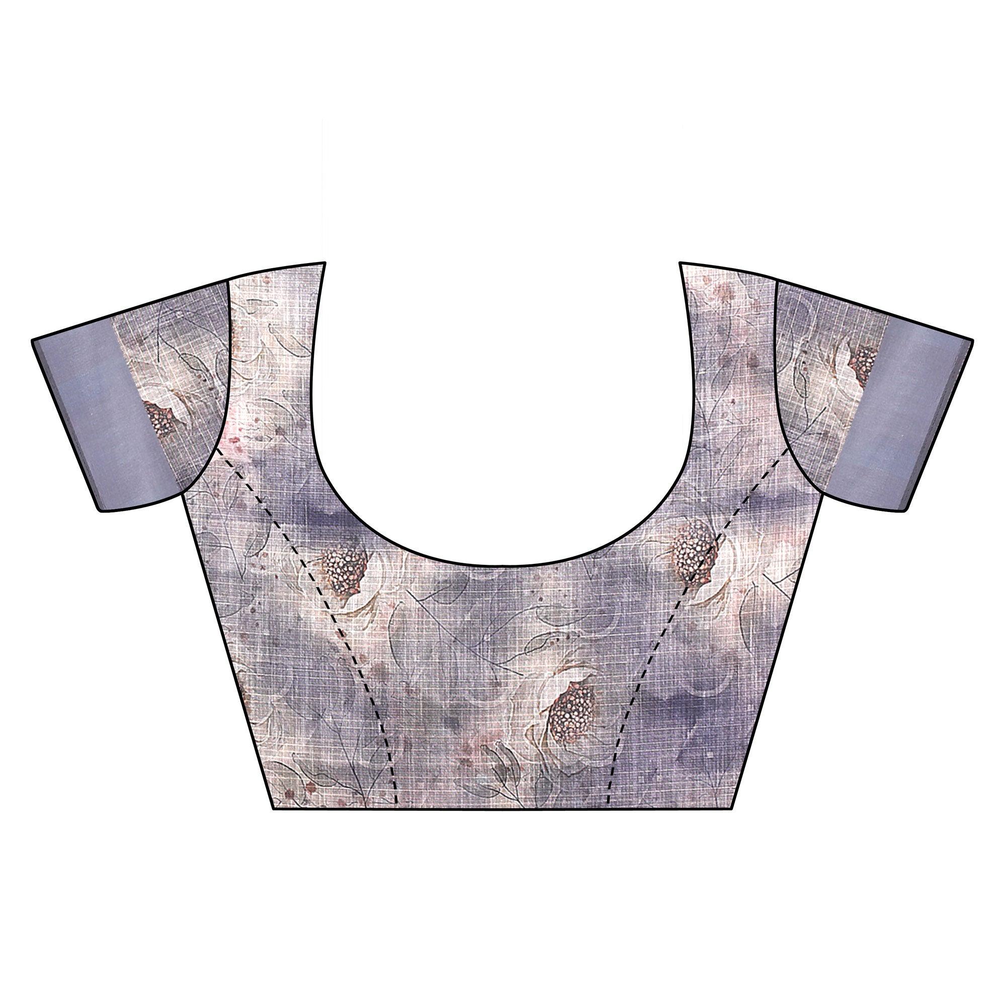 Grey Casual Wear Floral Digital Printed Linen Slub saree - Peachmode