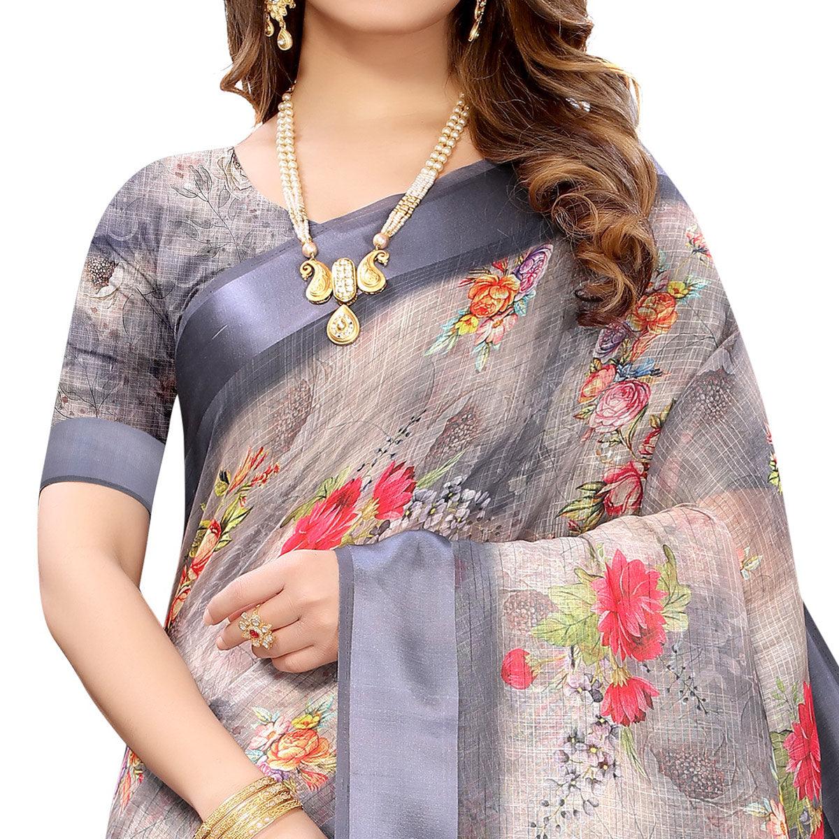 Grey Casual Wear Floral Digital Printed Linen Slub saree - Peachmode