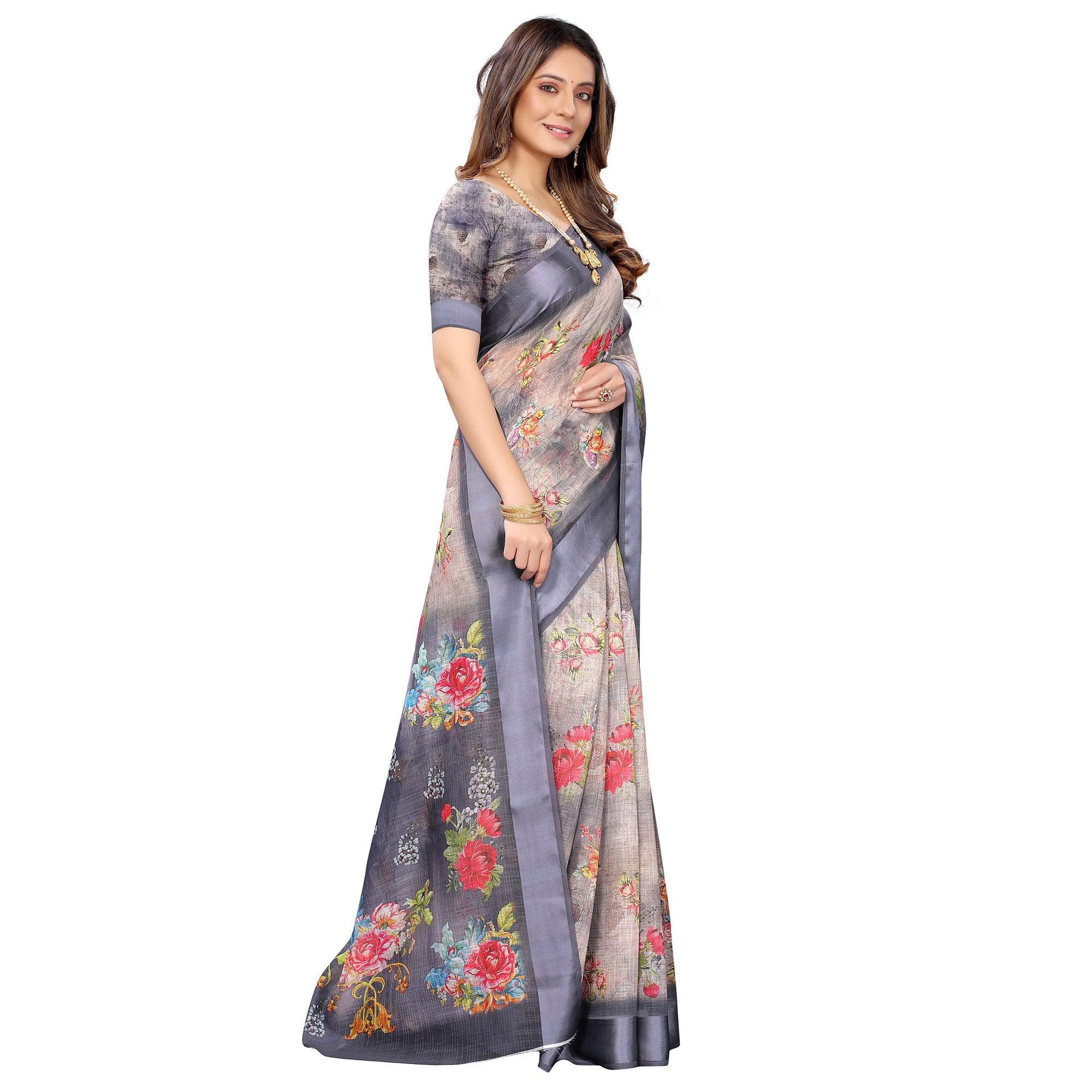 Grey Casual Wear Floral Digital Printed Linen Slub saree - Peachmode