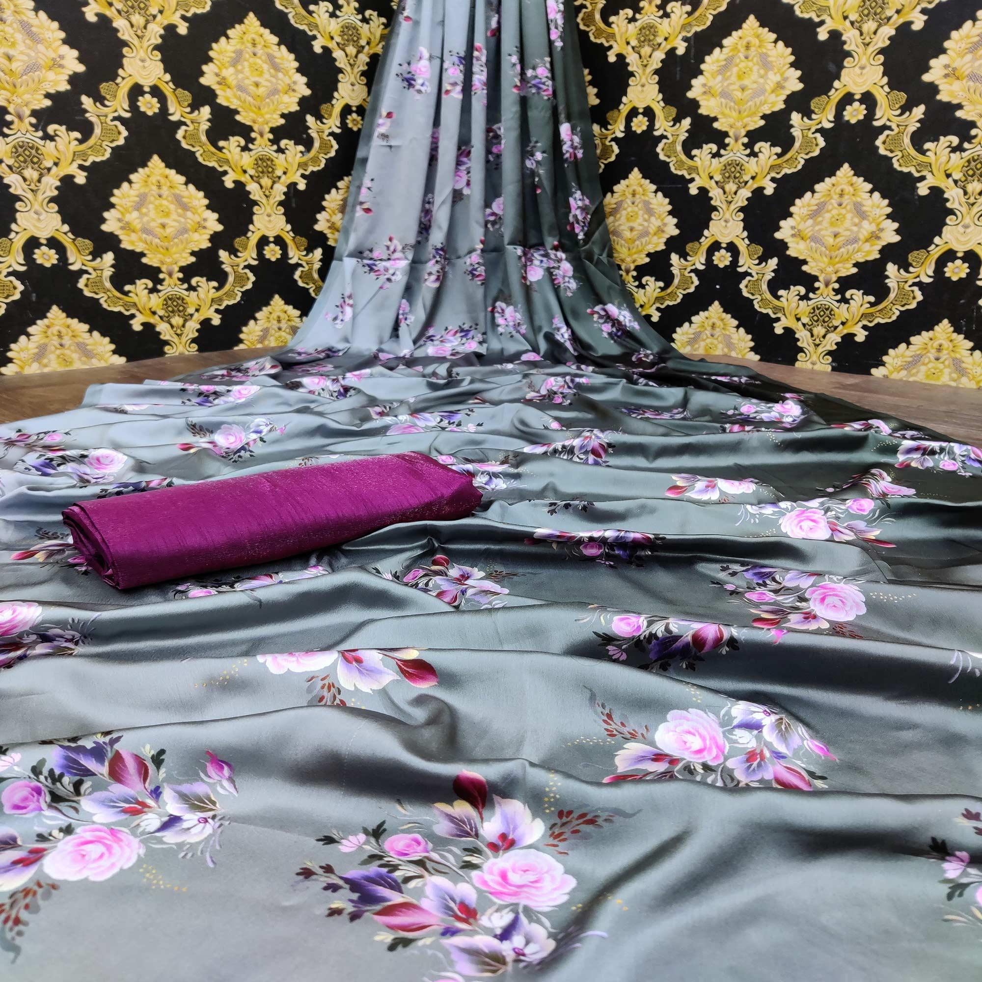 Grey Casual Wear Floral Digital Printed Satin Saree - Peachmode