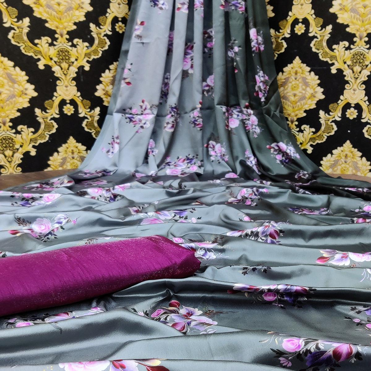 Grey Casual Wear Floral Digital Printed Satin Saree - Peachmode