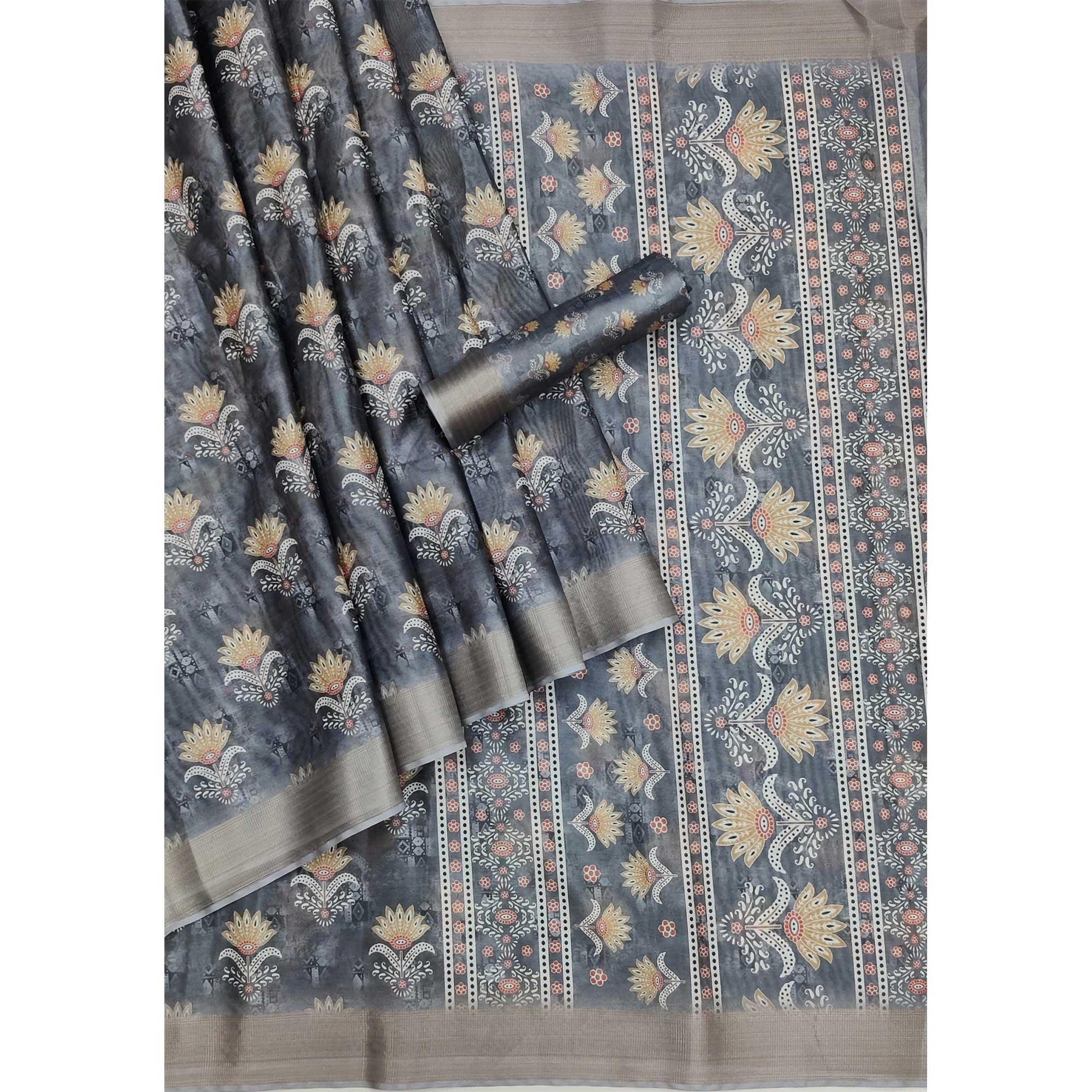 Grey Casual Wear Floral Digital Printed Silk Saree With Jacquard Border - Peachmode