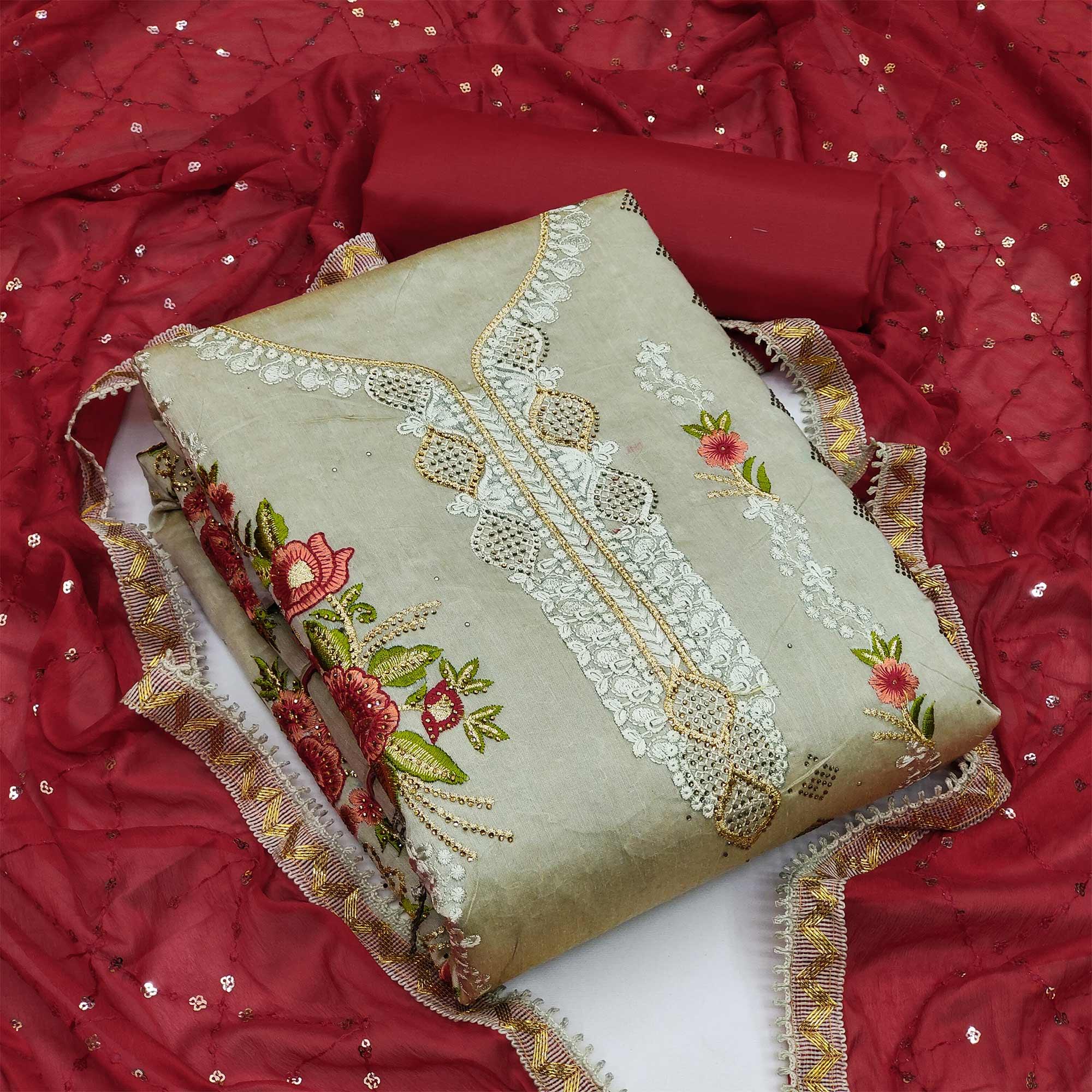 Grey Casual Wear Floral Embroidered Chanderi Dress Material - Peachmode