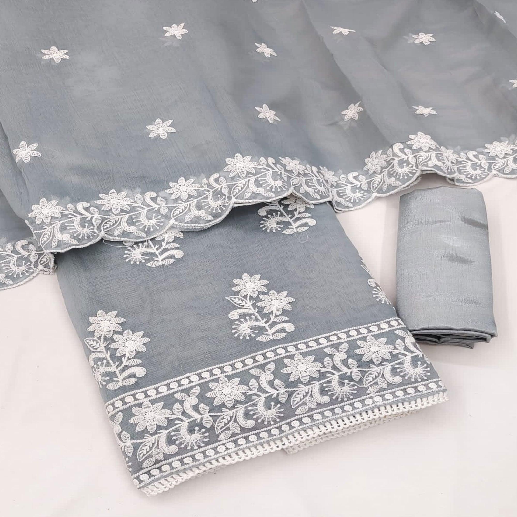 Grey Casual Wear Floral Embroidered Chanderi Dress Material - Peachmode