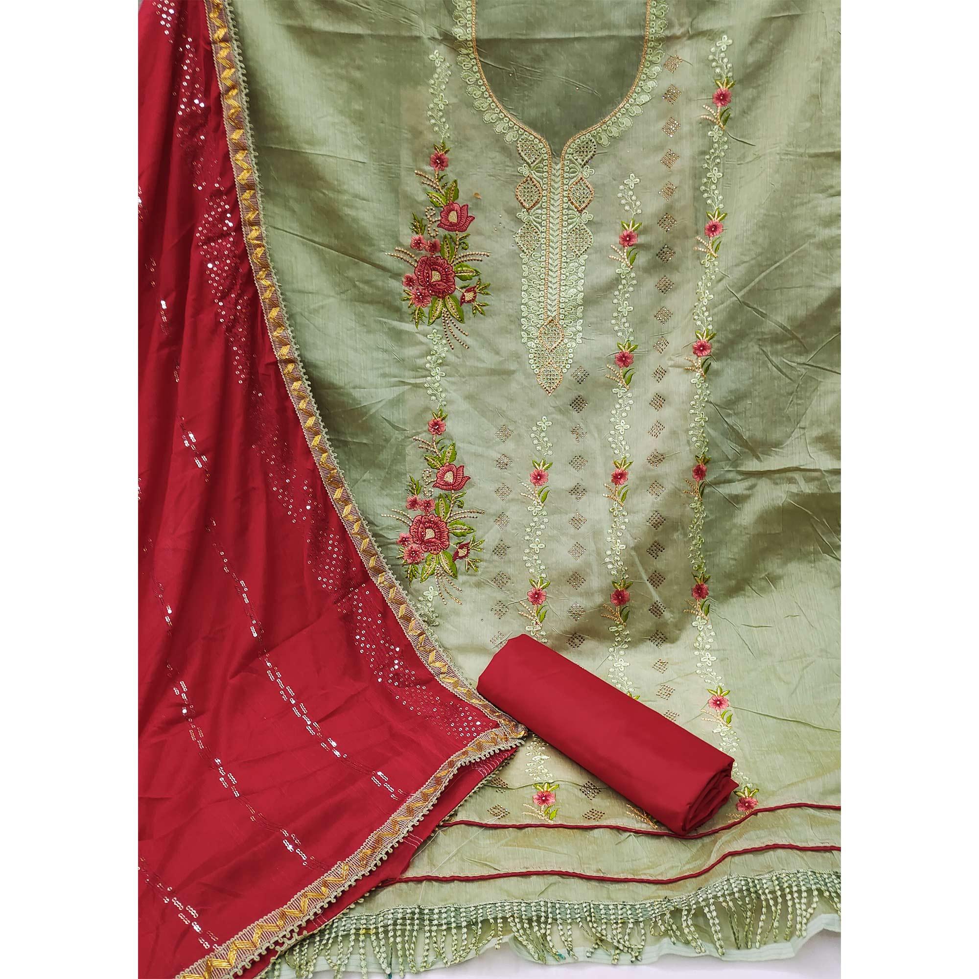 Grey Casual Wear Floral Embroidered Chanderi Dress Material - Peachmode