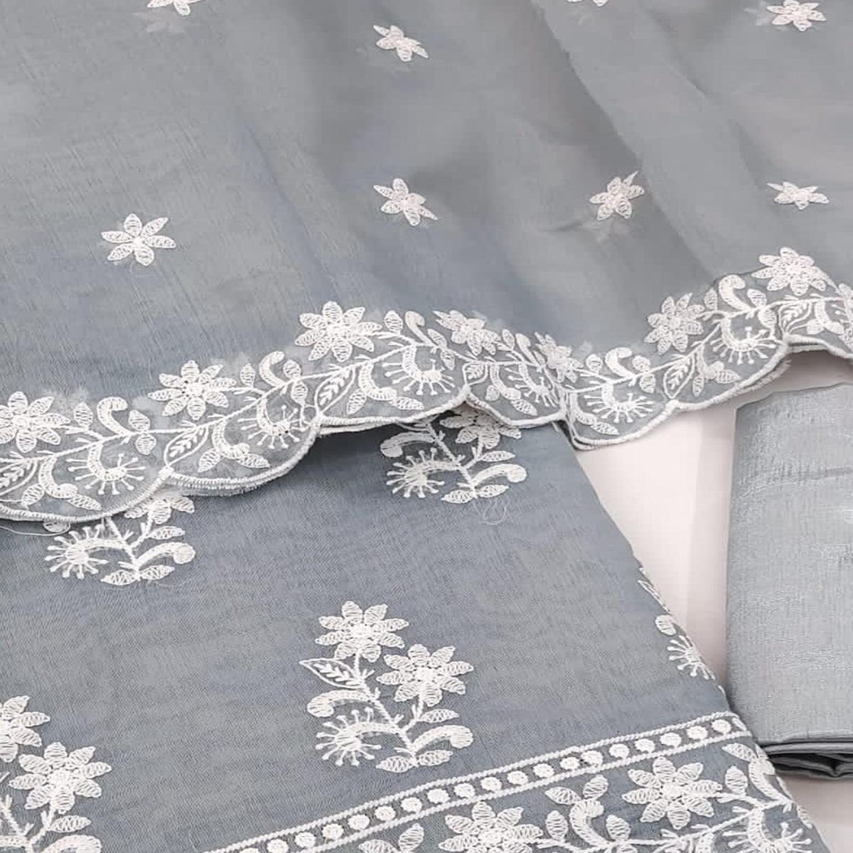 Grey Casual Wear Floral Embroidered Chanderi Dress Material - Peachmode