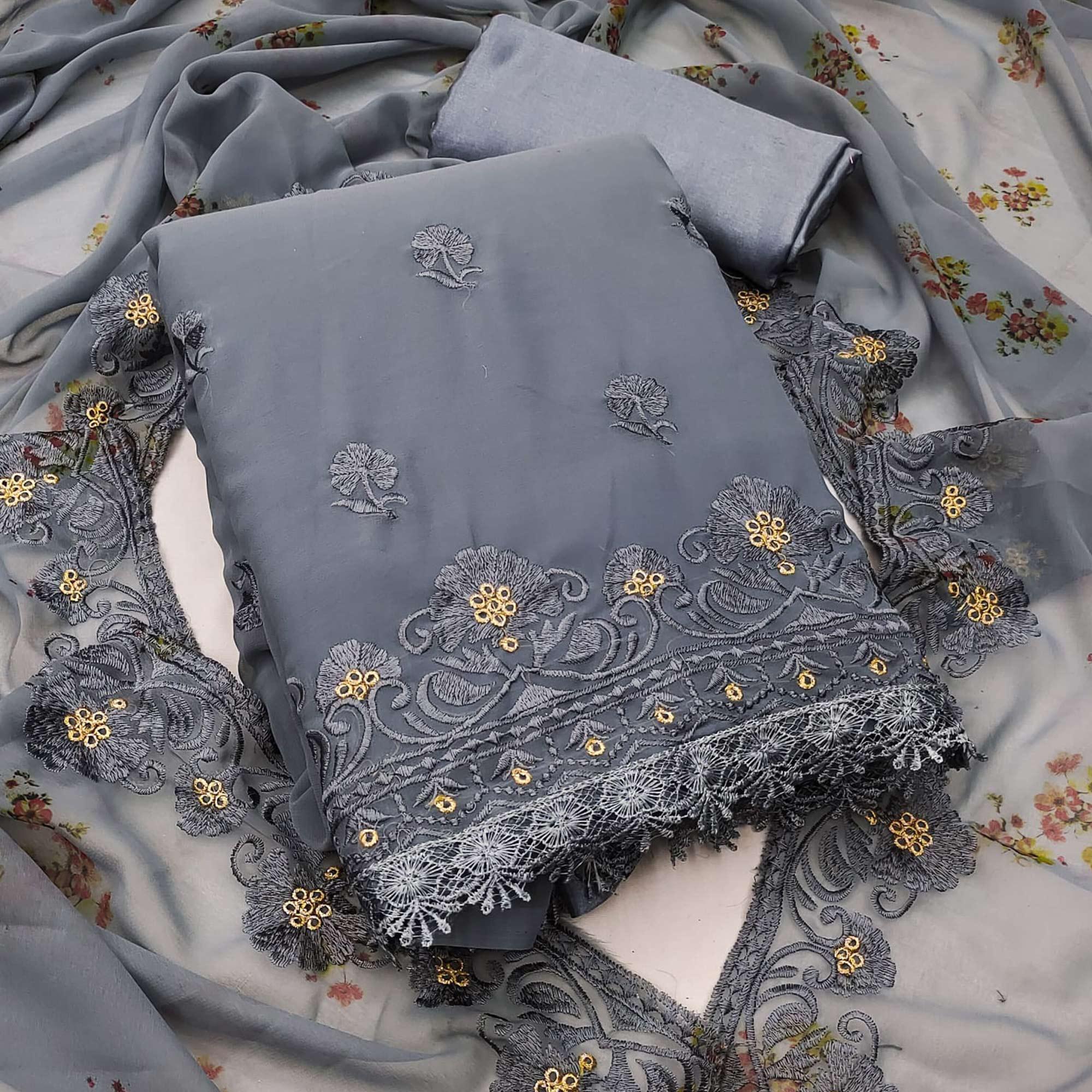 Grey Casual Wear Floral Embroidered Georgette Dress Material - Peachmode
