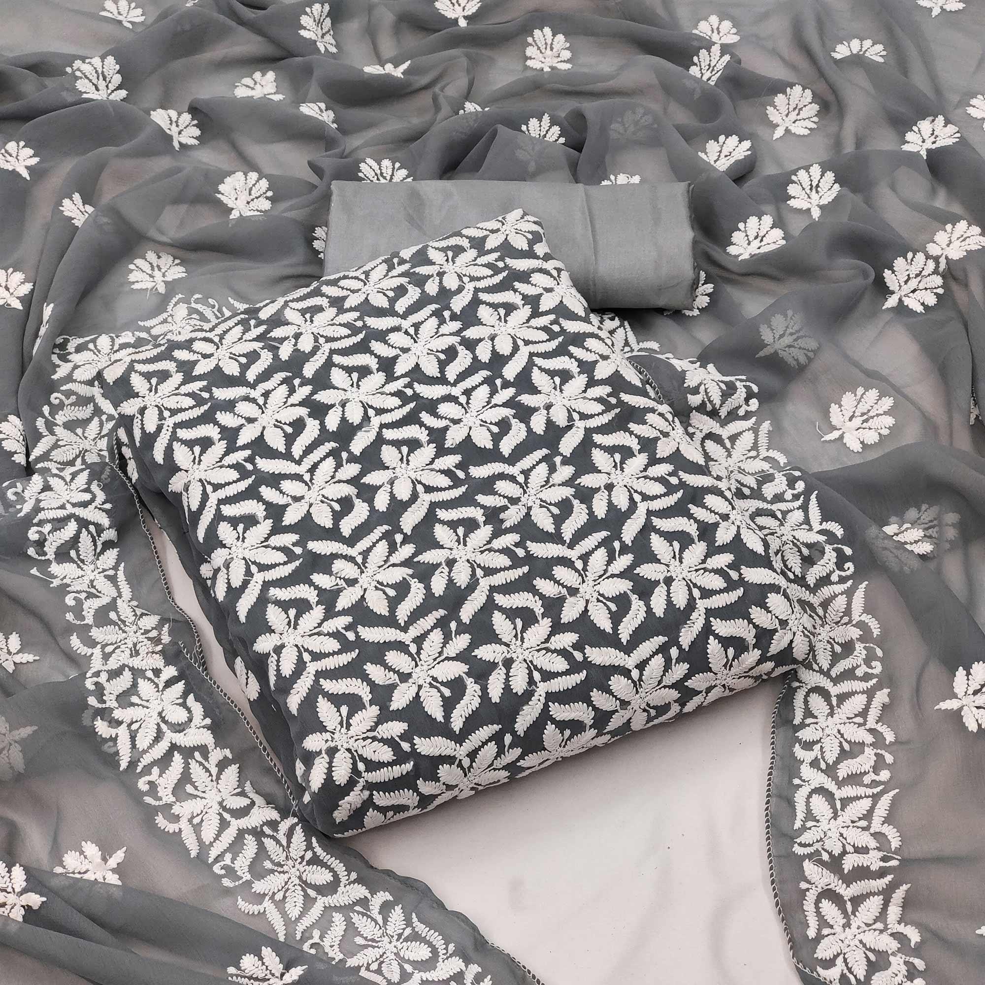 Grey Casual Wear Floral Embroidered Georgette Dress Material - Peachmode