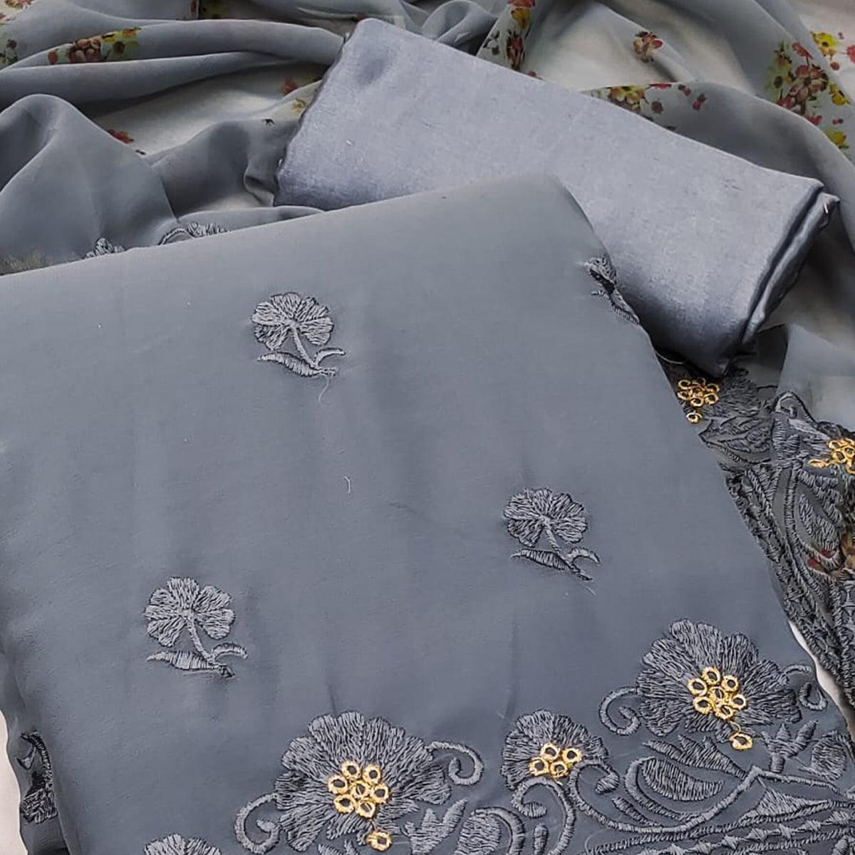 Grey Casual Wear Floral Embroidered Georgette Dress Material - Peachmode
