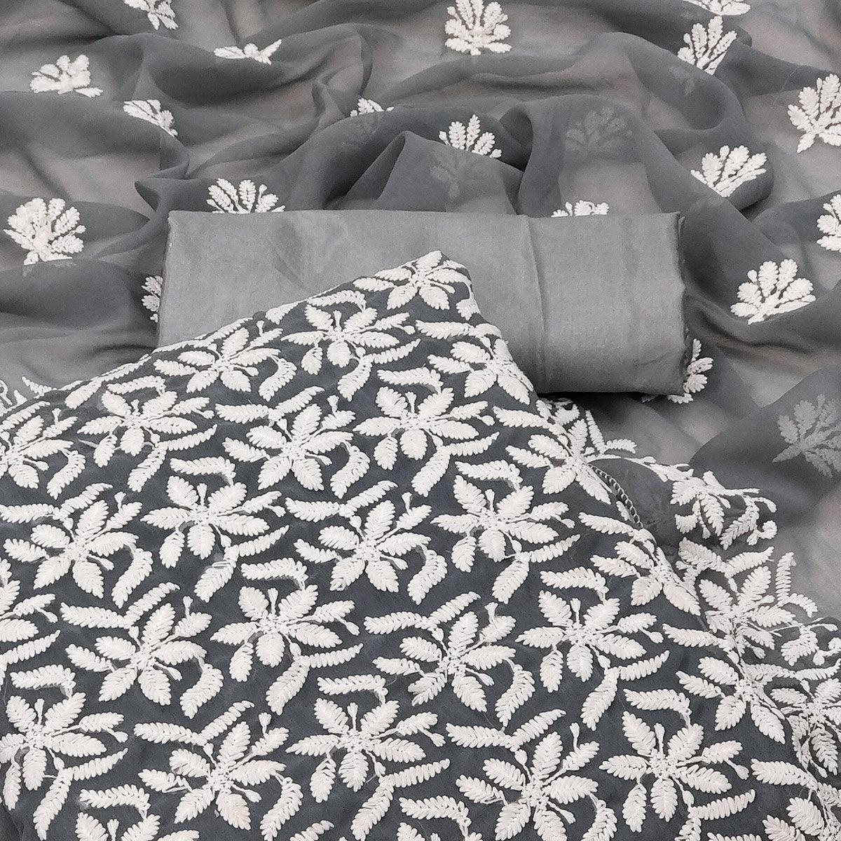 Grey Casual Wear Floral Embroidered Georgette Dress Material - Peachmode