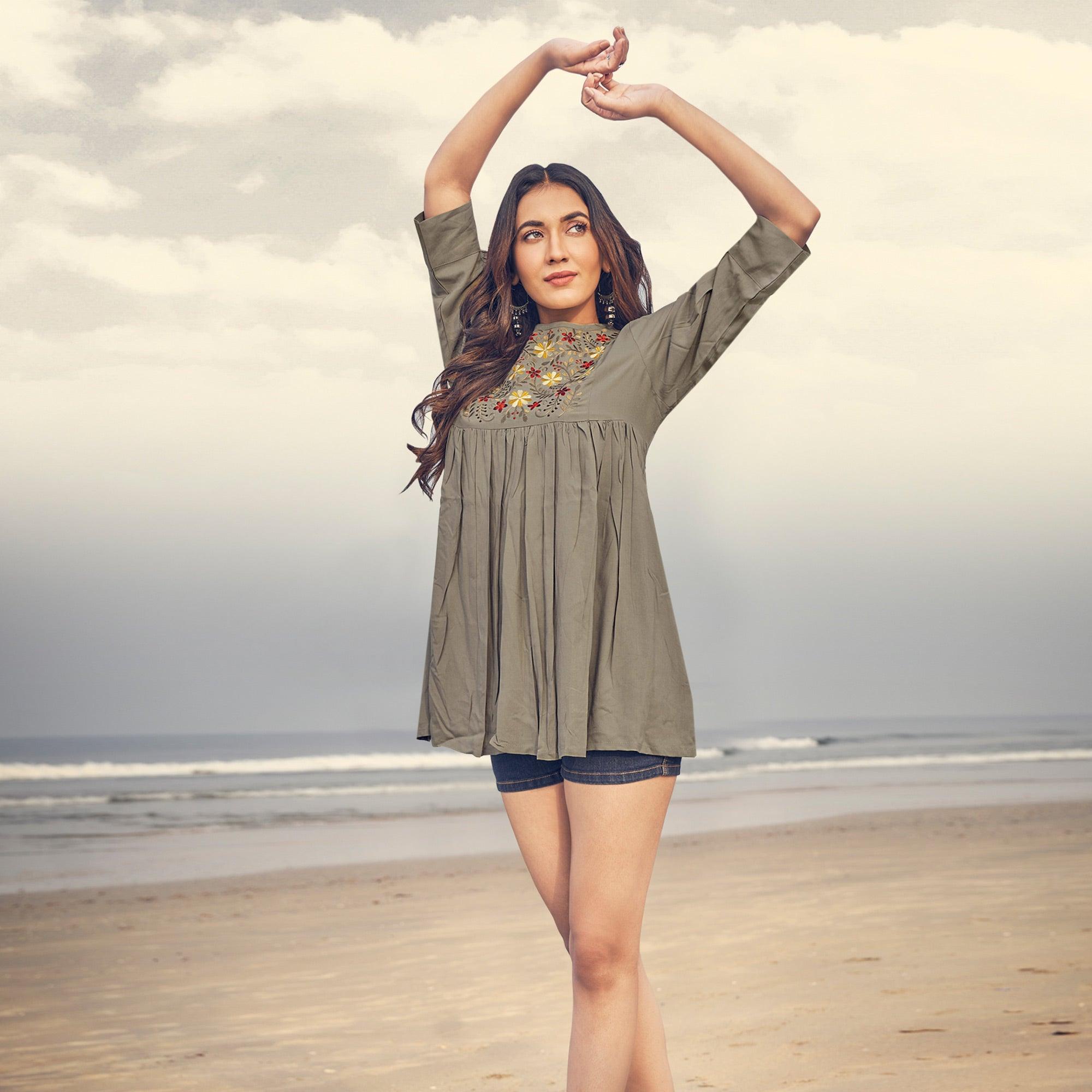 Grey Casual Wear Floral Embroidered Rayon Top - Peachmode