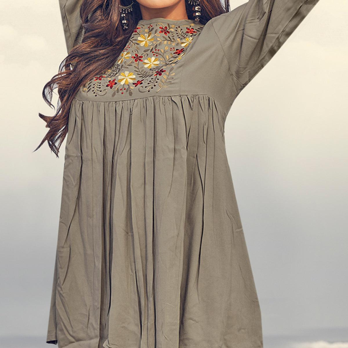 Grey Casual Wear Floral Embroidered Rayon Top - Peachmode