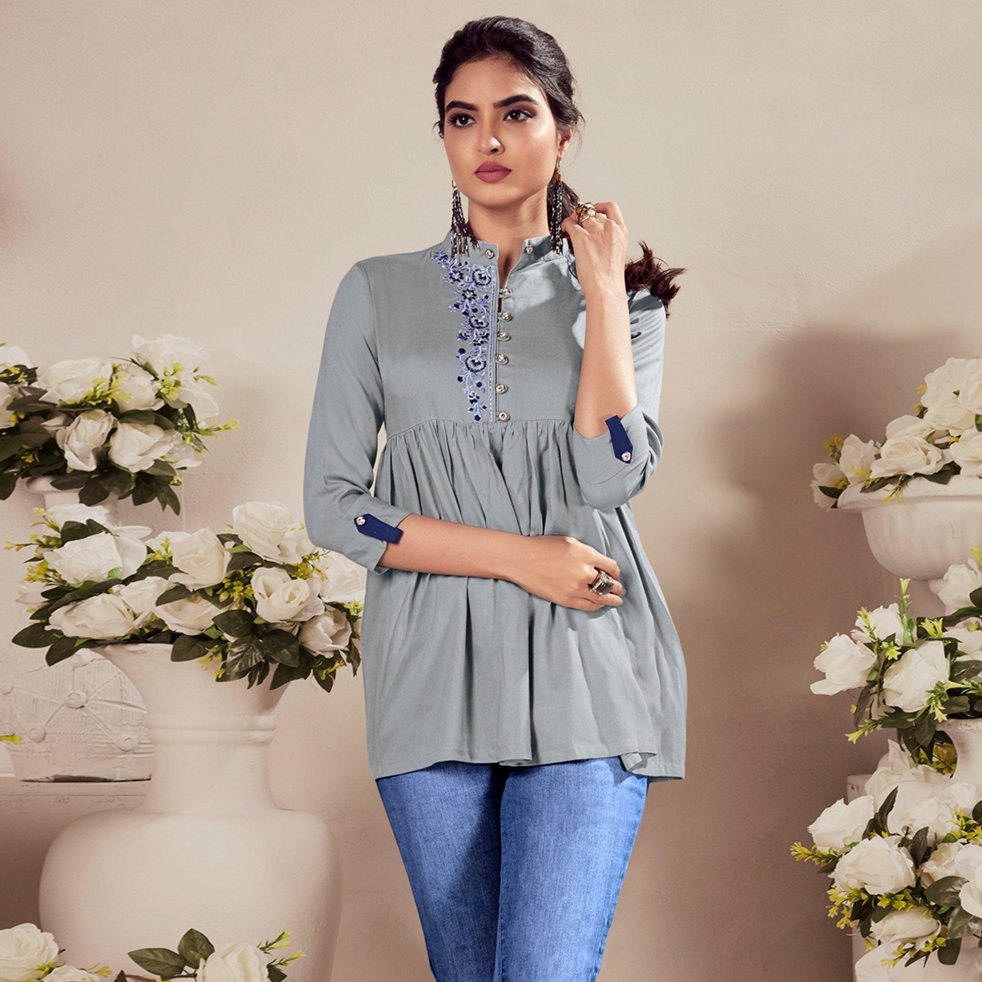 Grey Casual Wear Floral Embroidered Rayon Top - Peachmode