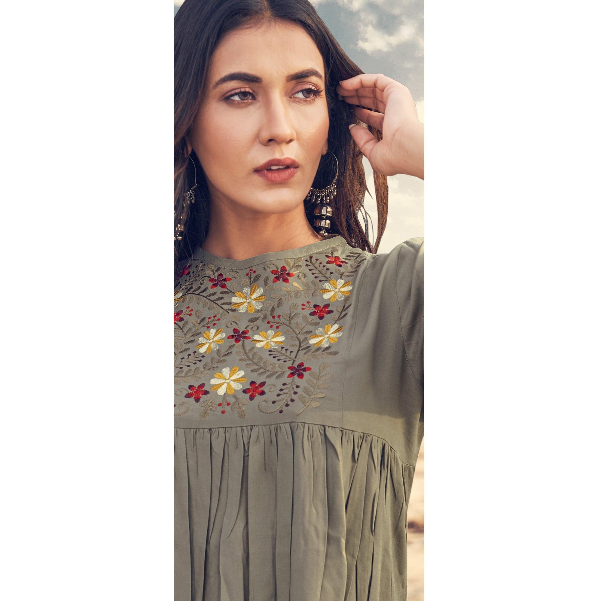 Grey Casual Wear Floral Embroidered Rayon Top - Peachmode