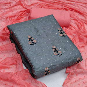 Grey Casual Wear Floral Embroidered Silk Dress Material - Peachmode