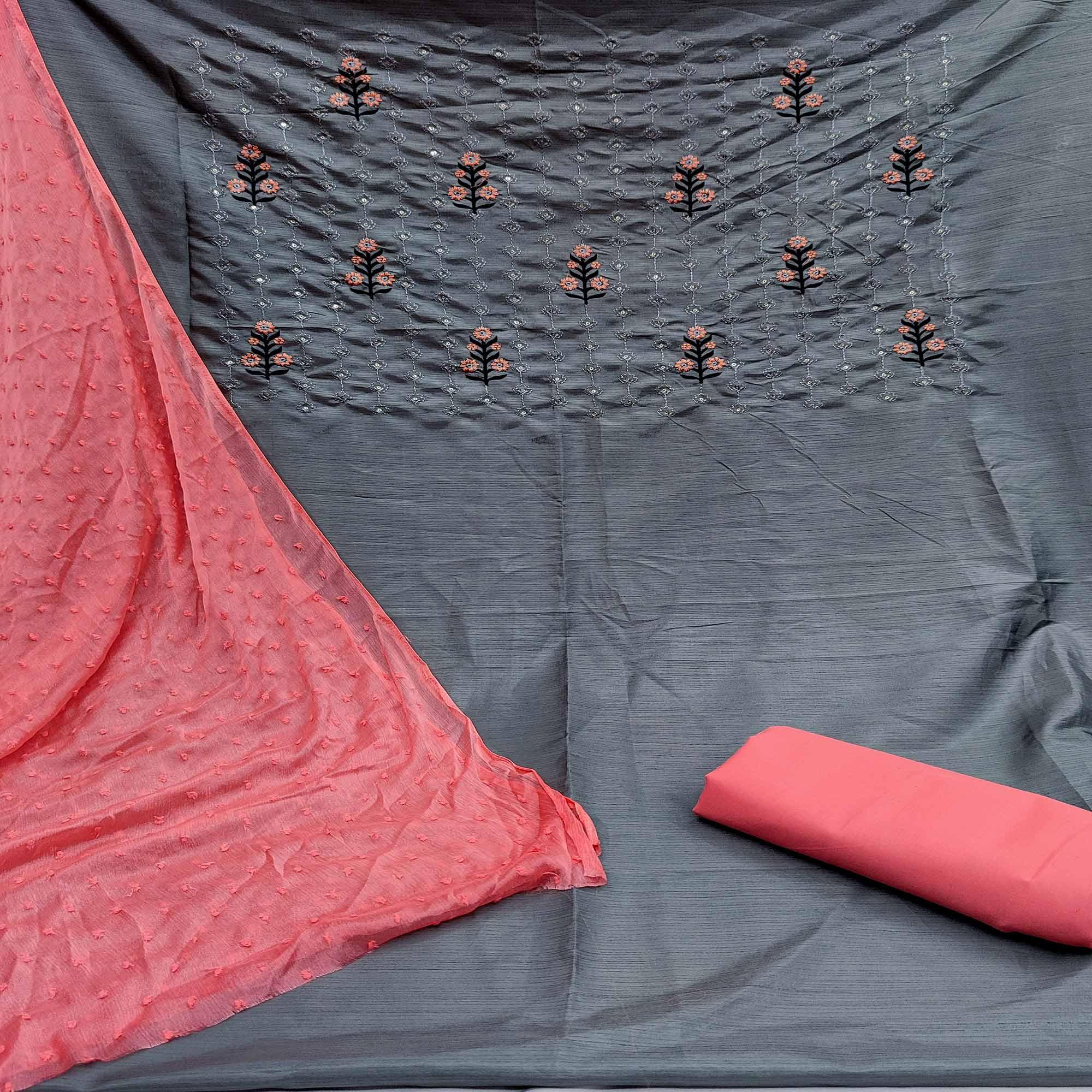 Grey Casual Wear Floral Embroidered Silk Dress Material - Peachmode