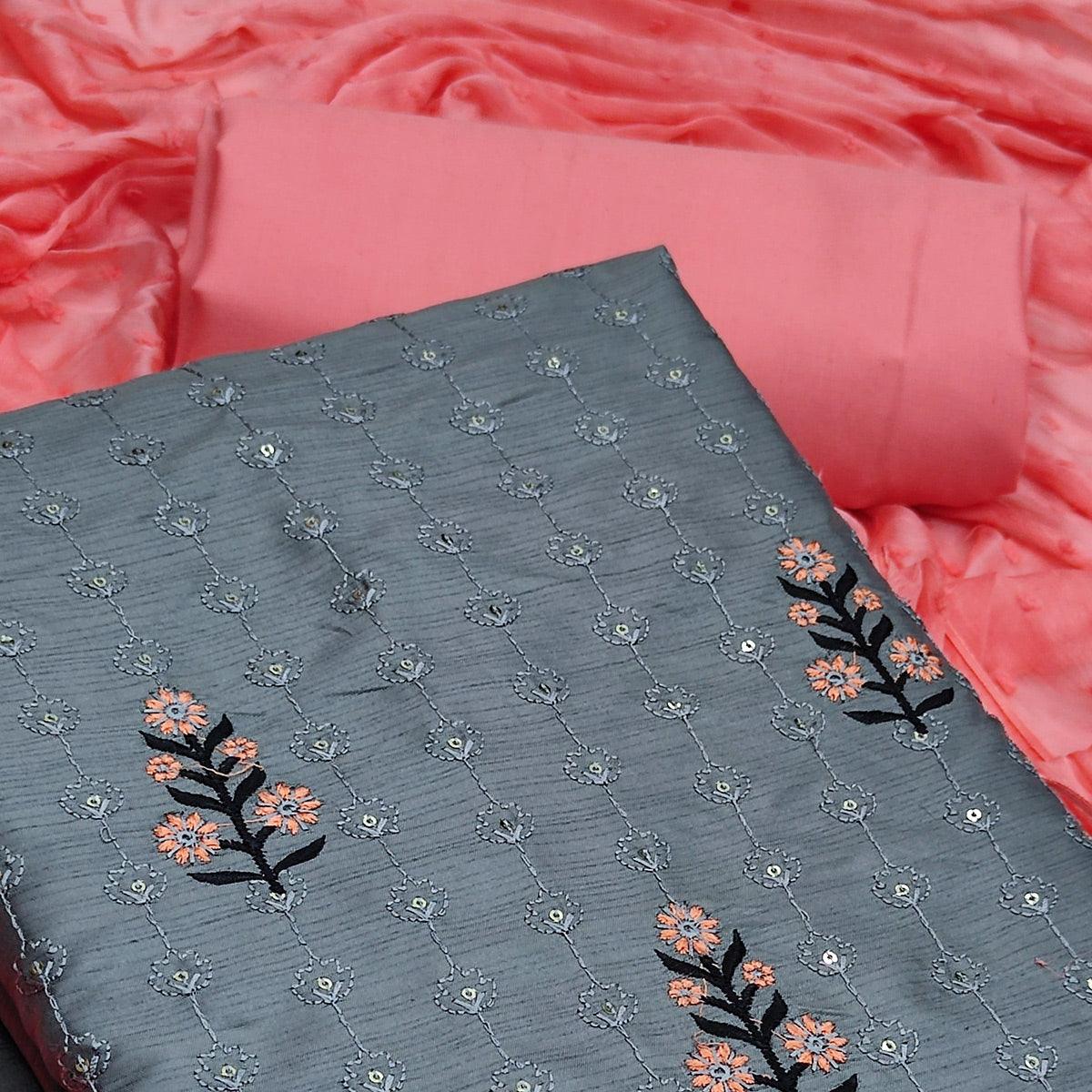 Grey Casual Wear Floral Embroidered Silk Dress Material - Peachmode