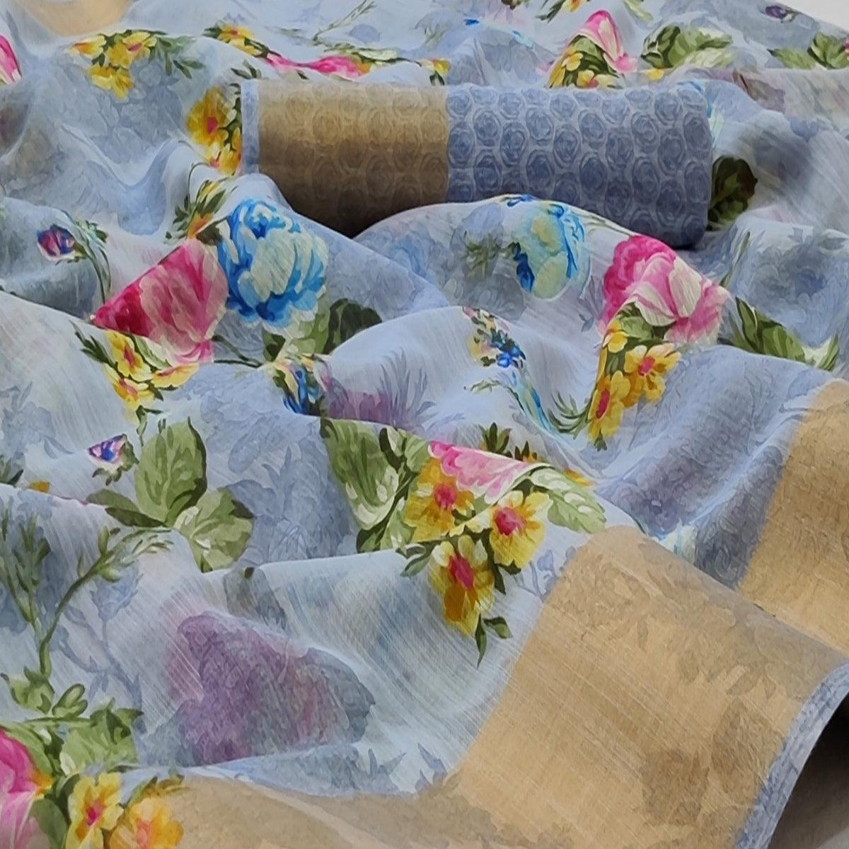 Grey Casual Wear Floral Mill Printed Cotton Saree With Zari Border - Peachmode