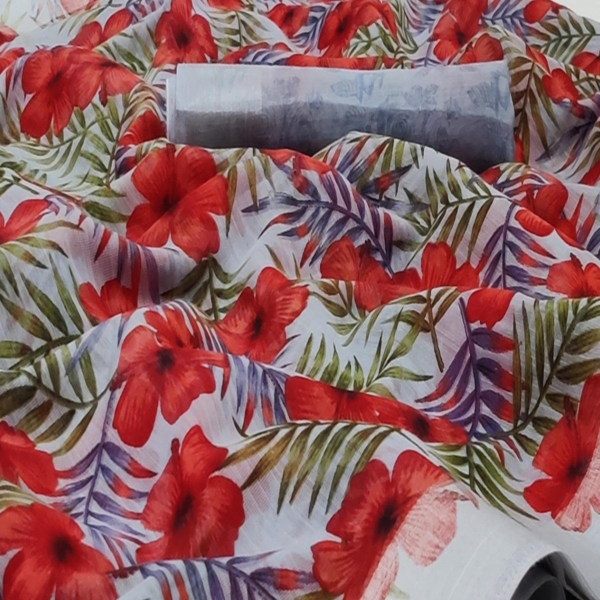 Grey Casual Wear Floral Mill Printed Cotton Saree With Zari Border - Peachmode