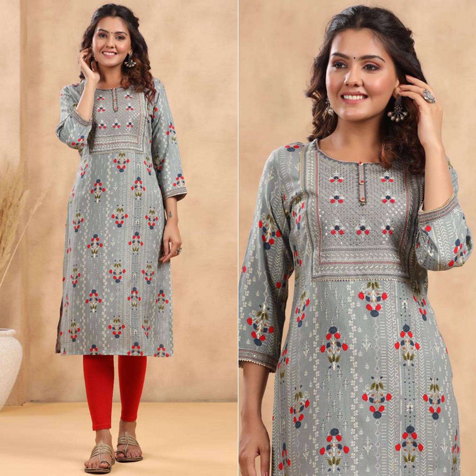 Grey Casual Wear Floral Print With Sequence Rayon Kurti - Peachmode