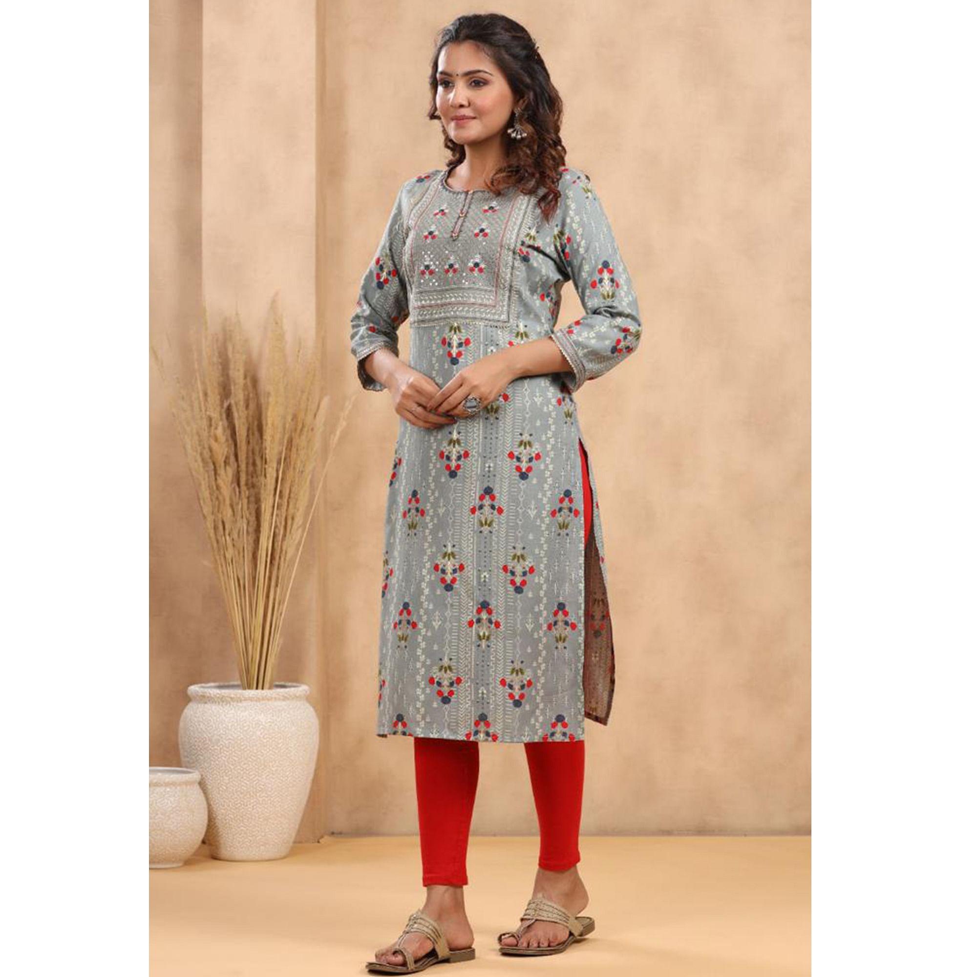 Grey Casual Wear Floral Print With Sequence Rayon Kurti - Peachmode