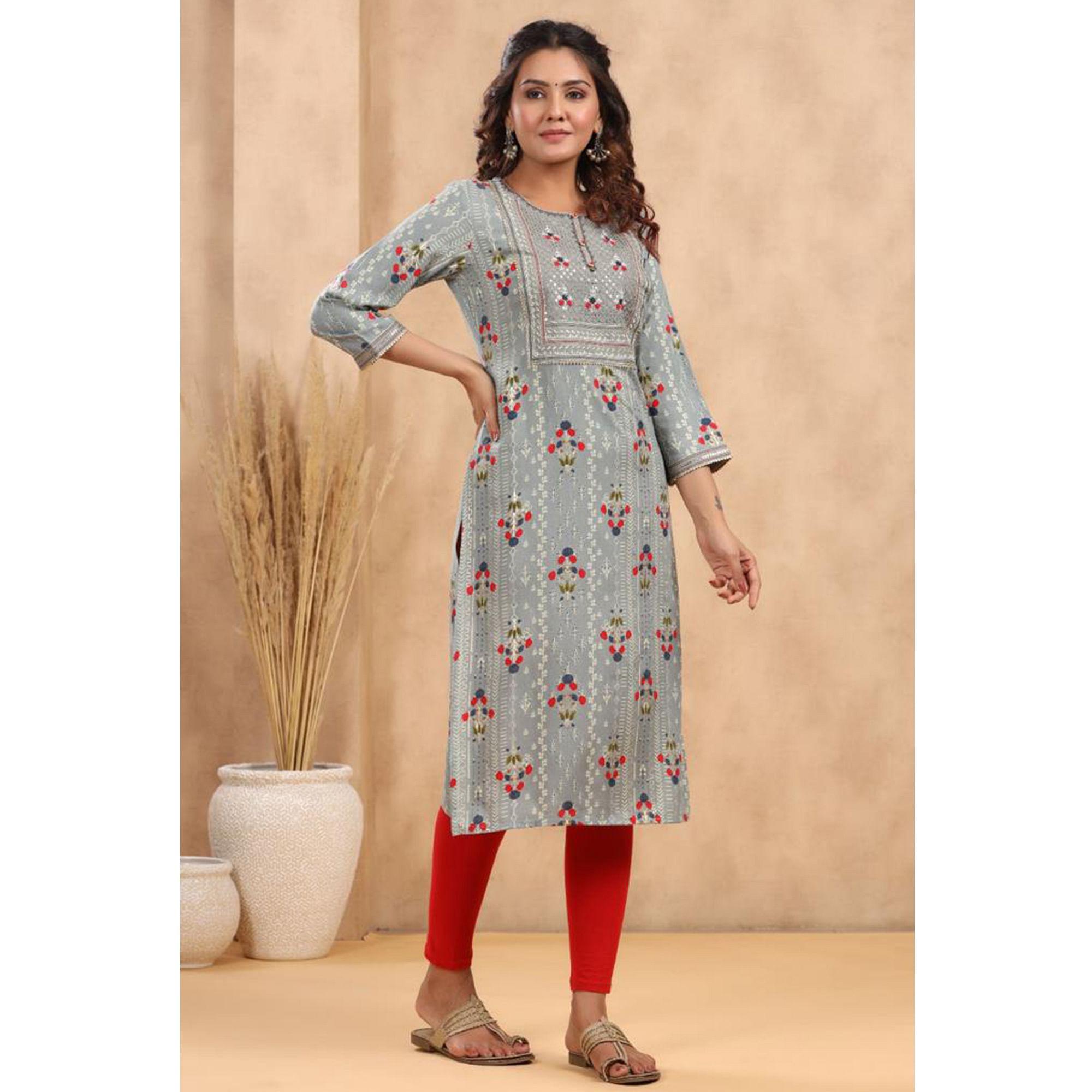 Grey Casual Wear Floral Print With Sequence Rayon Kurti - Peachmode