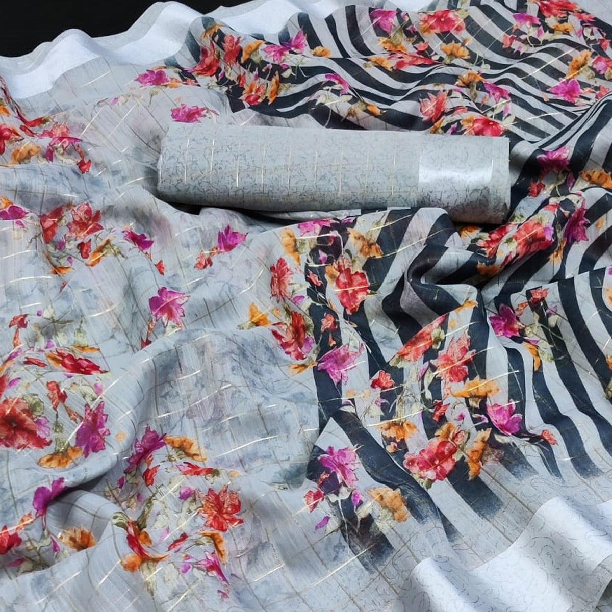 Grey Casual Wear Floral Print With Zari Checks Cotton Saree - Peachmode