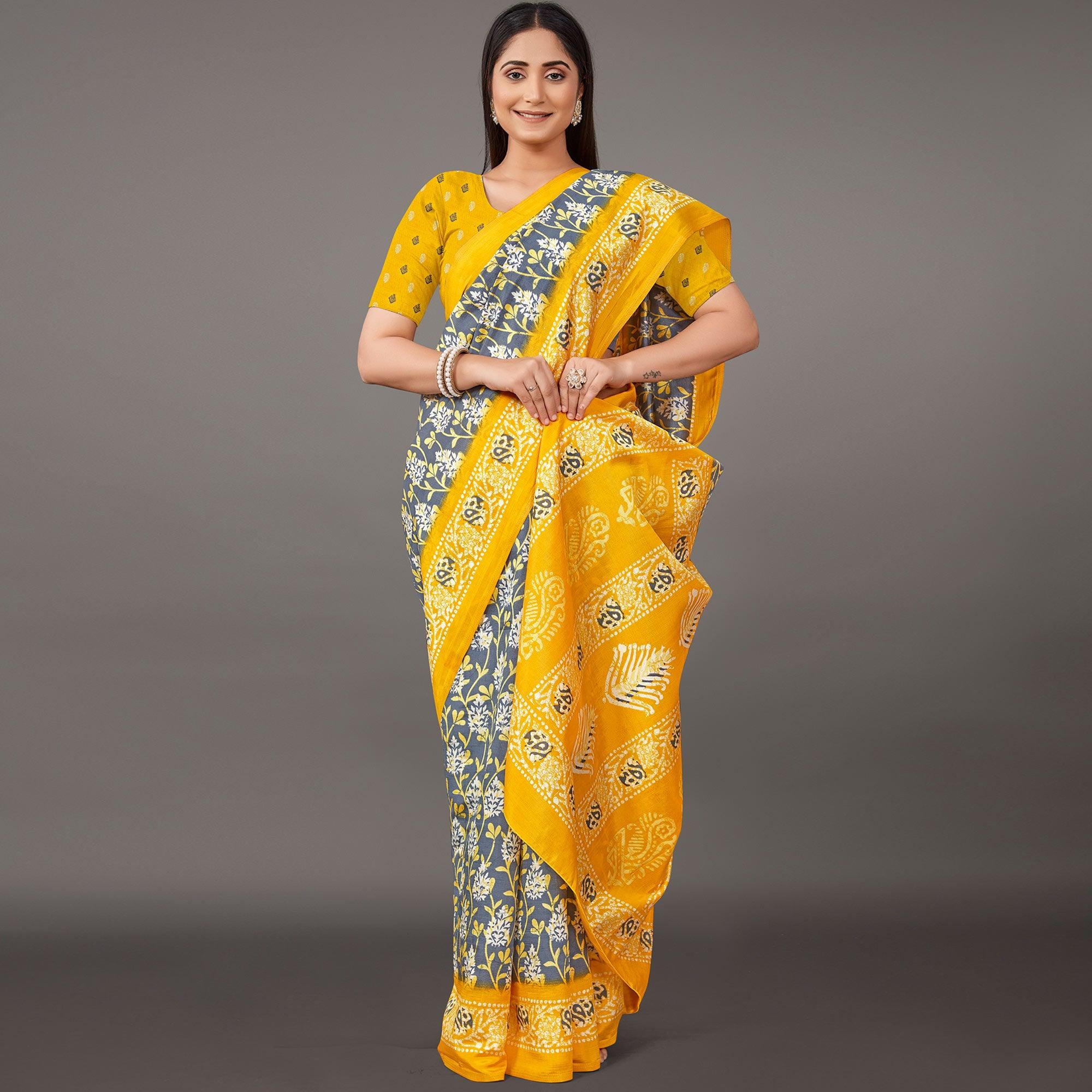 Grey Casual Wear Floral Printed Art Silk Saree - Peachmode