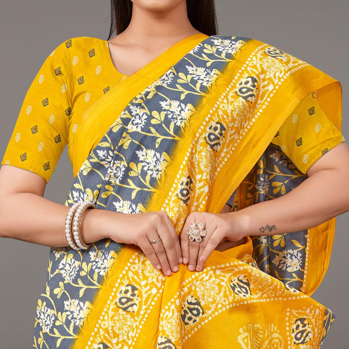 Grey Casual Wear Floral Printed Art Silk Saree - Peachmode