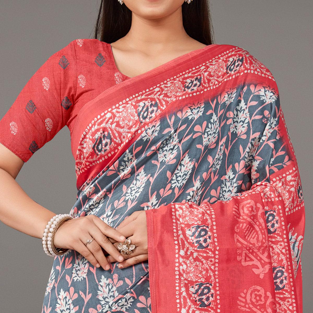 Grey Casual Wear Floral Printed Art Silk Saree - Peachmode