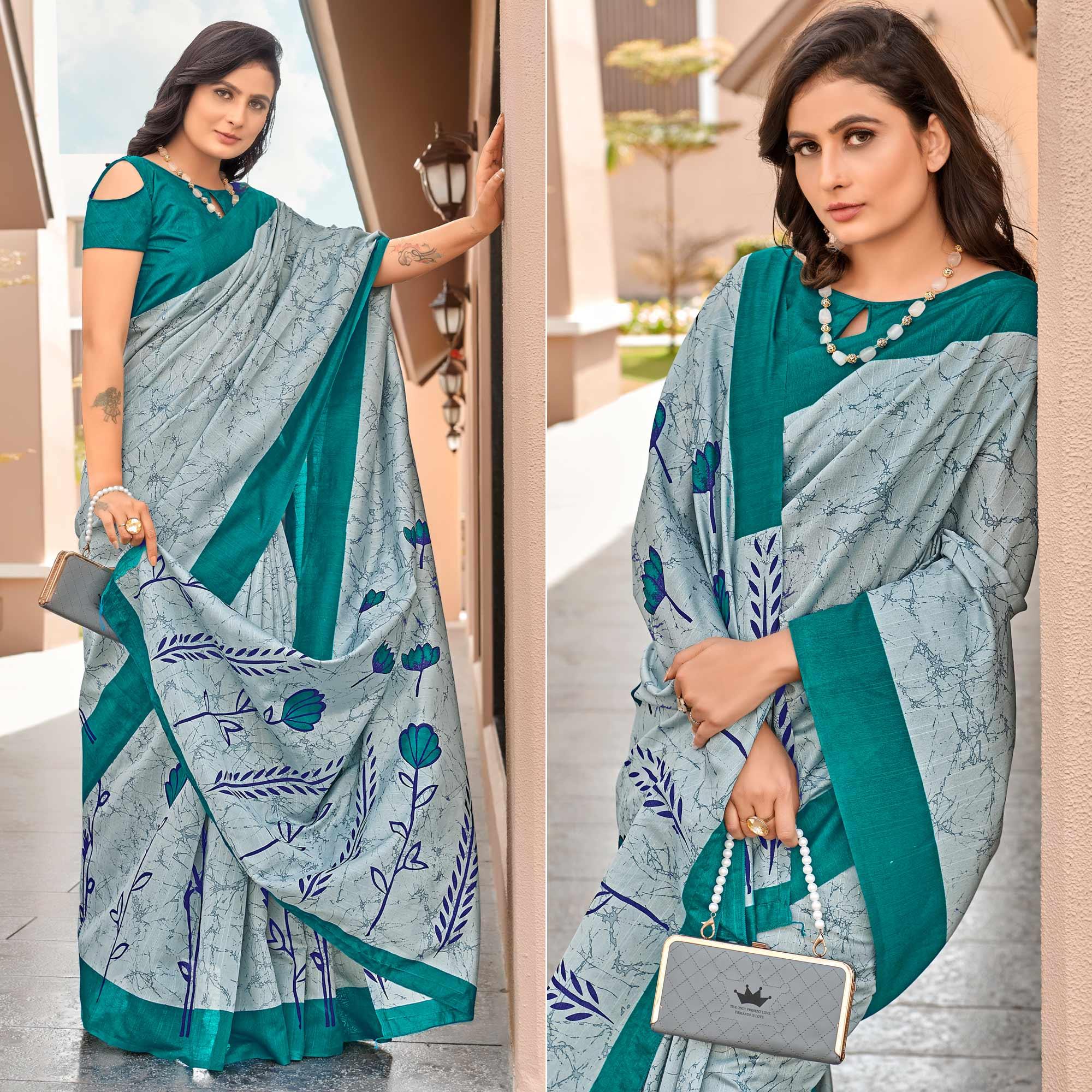 Grey Casual Wear Floral Printed Bhagalpuri Sarees - Peachmode