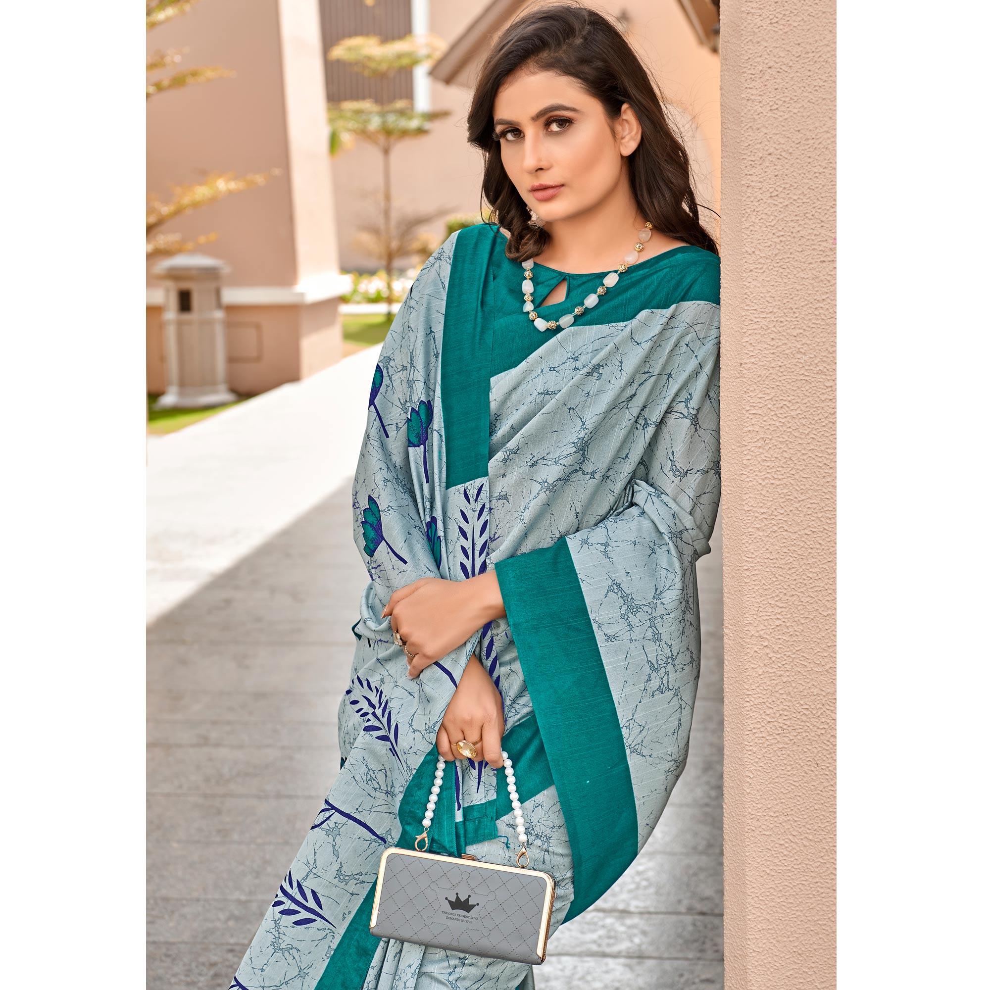 Grey Casual Wear Floral Printed Bhagalpuri Sarees - Peachmode