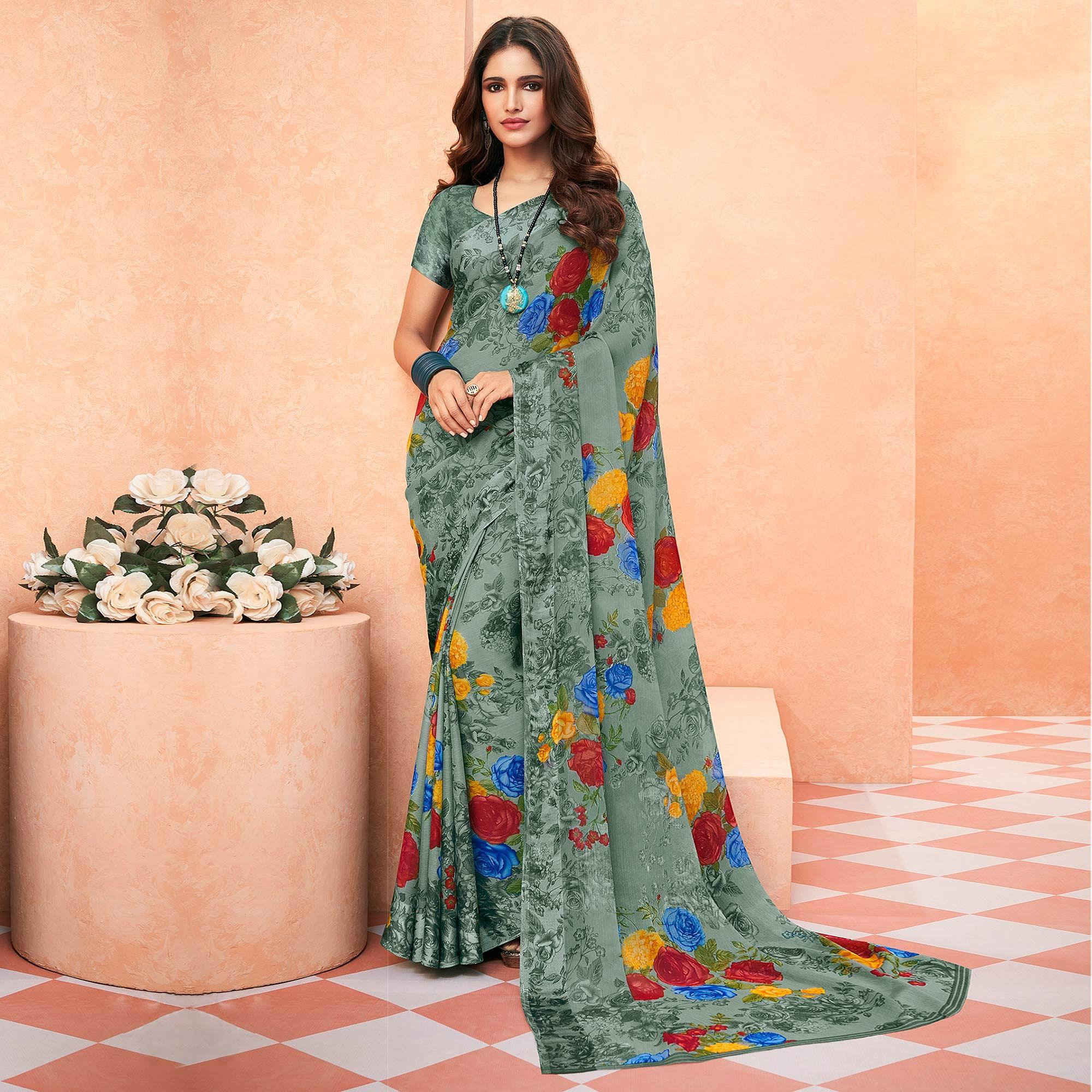 Grey Casual Wear Floral Printed Chiffon Saree - Peachmode