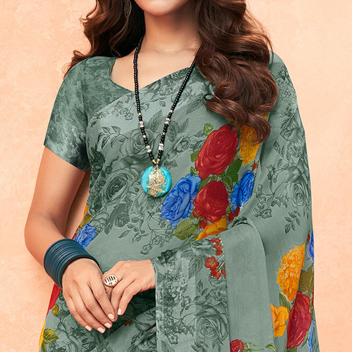 Grey Casual Wear Floral Printed Chiffon Saree - Peachmode