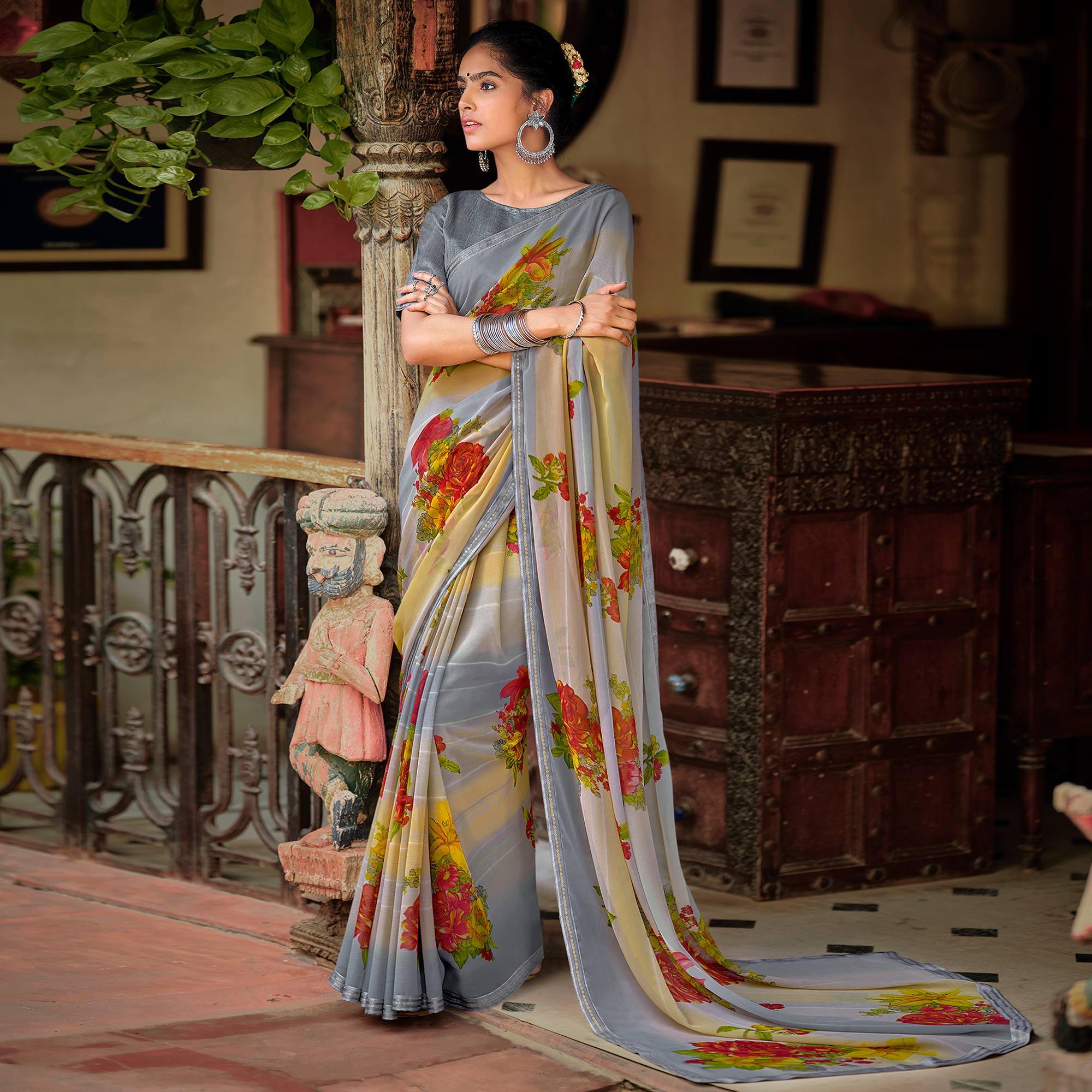 Grey Casual Wear Floral Printed Chiffon Saree With Fancy Blouse - Peachmode