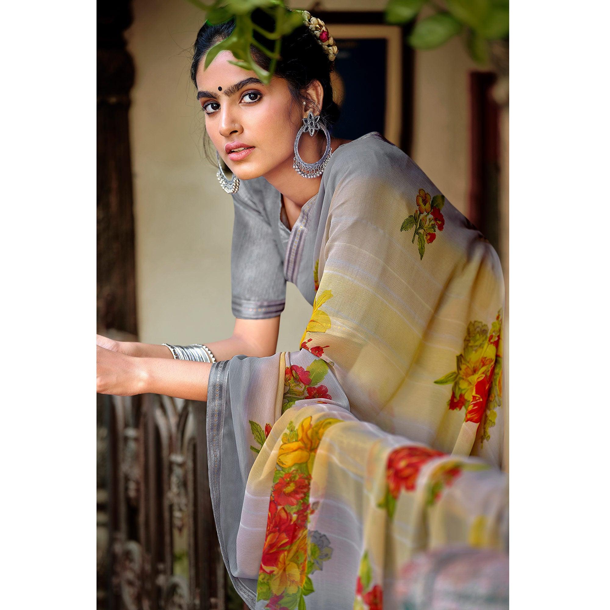 Grey Casual Wear Floral Printed Chiffon Saree With Fancy Blouse - Peachmode