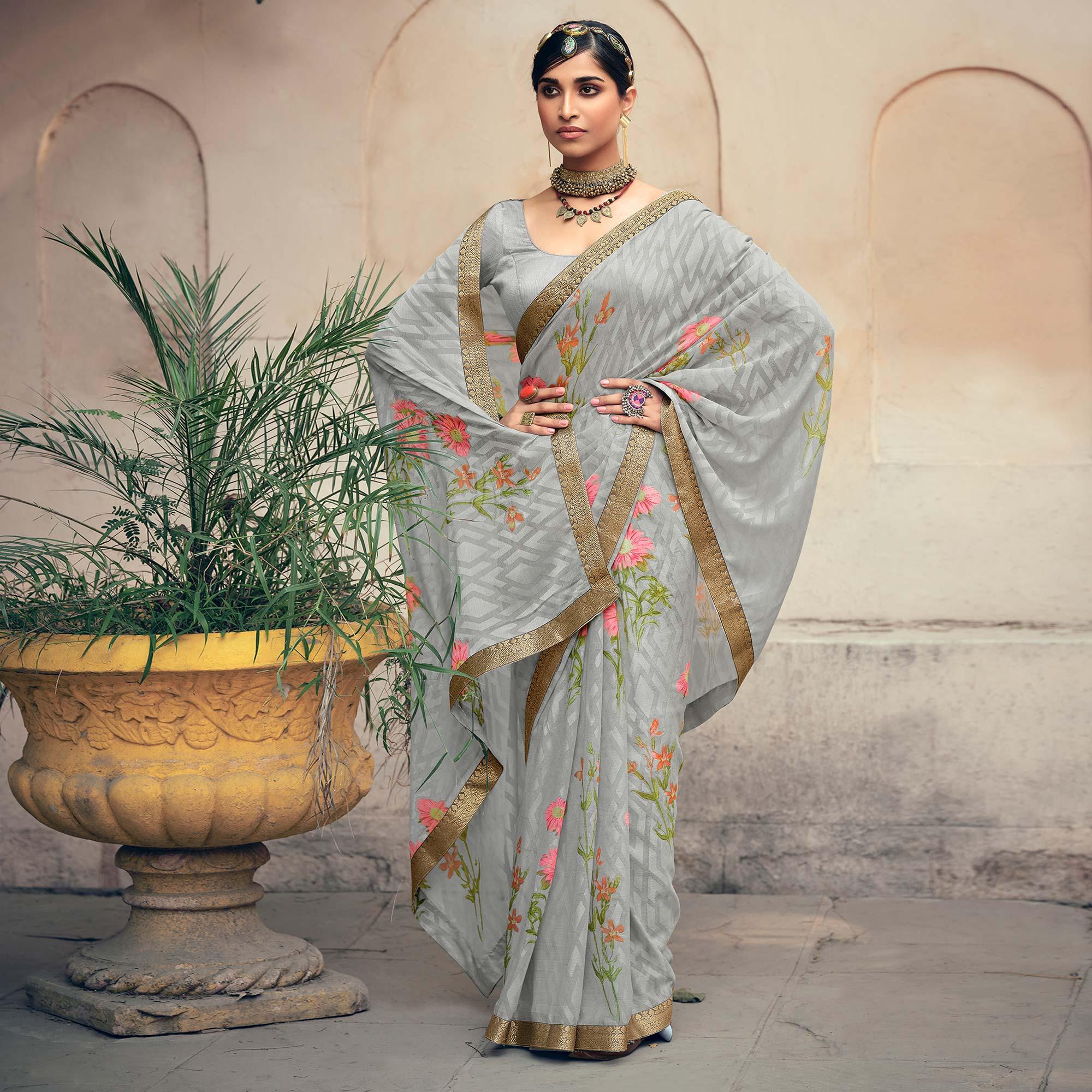 Grey Casual Wear Floral Printed Chiffon Saree With Fancy Lace - Peachmode
