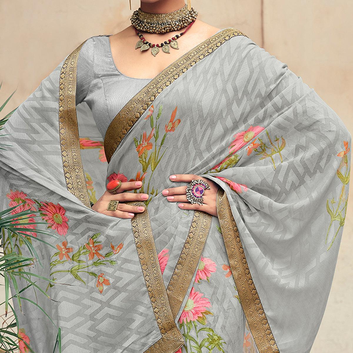 Grey Casual Wear Floral Printed Chiffon Saree With Fancy Lace - Peachmode