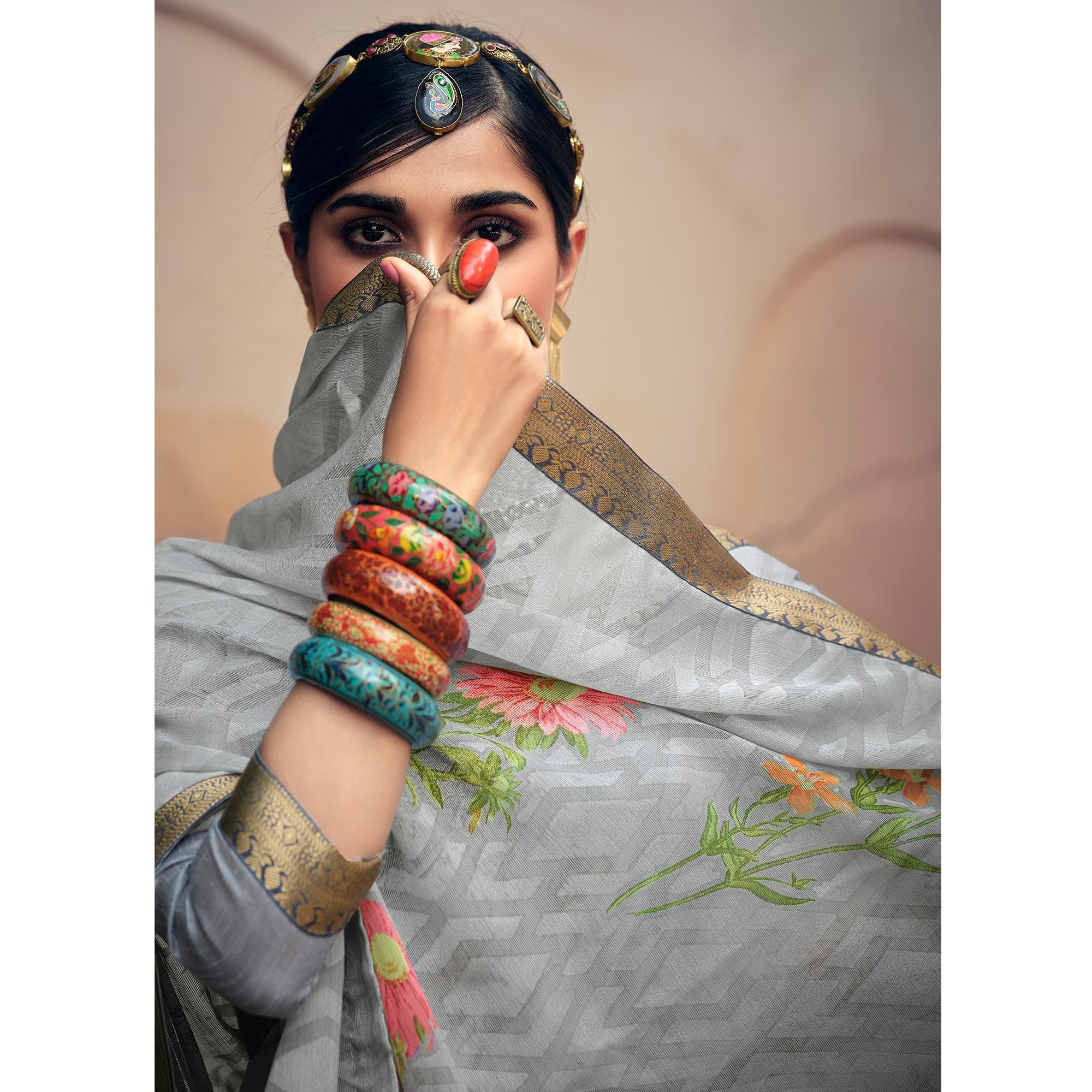 Grey Casual Wear Floral Printed Chiffon Saree With Fancy Lace - Peachmode