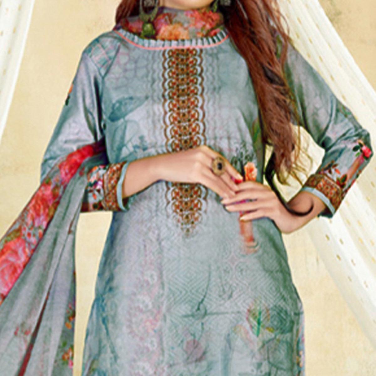 Grey Casual Wear Floral Printed Cotton Dress Material - Peachmode
