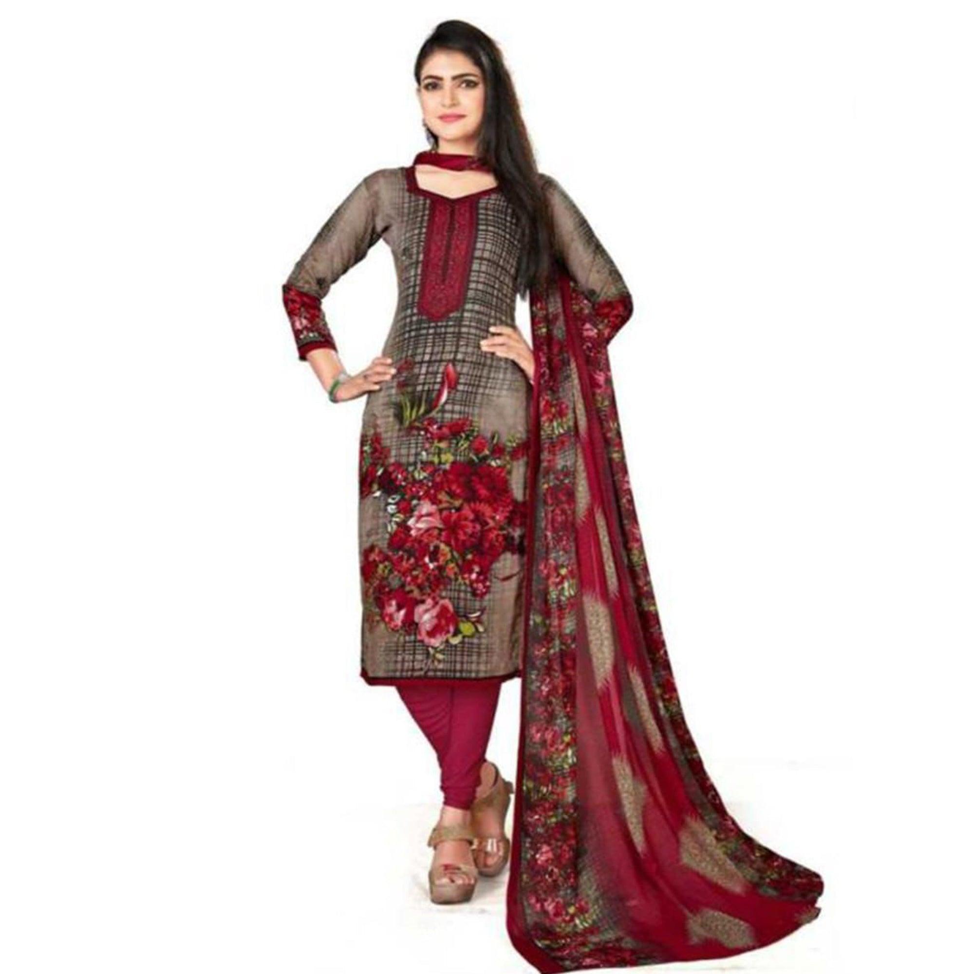 Grey Casual Wear Floral Printed Crepe Patiala Dress Material - Peachmode