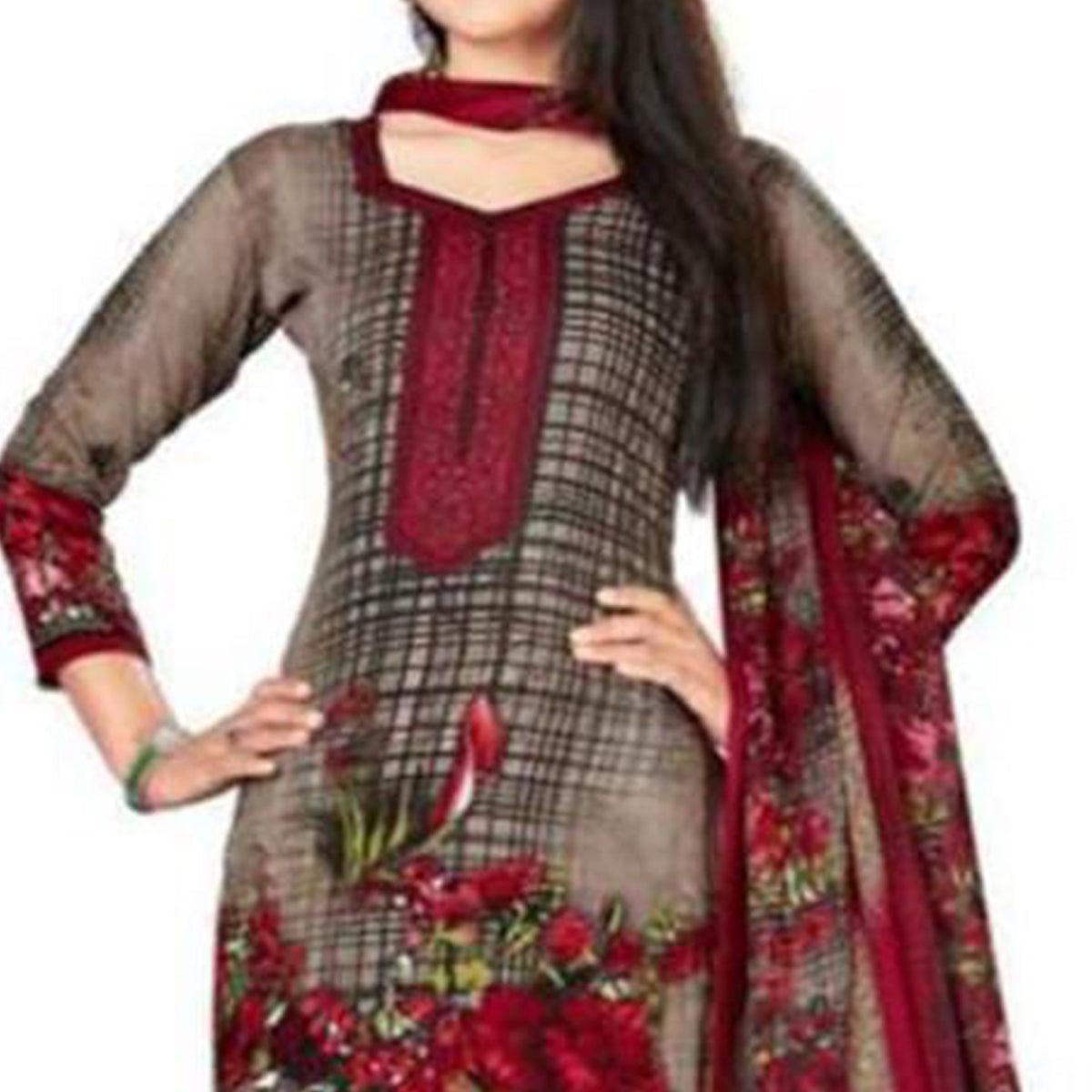 Grey Casual Wear Floral Printed Crepe Patiala Dress Material - Peachmode