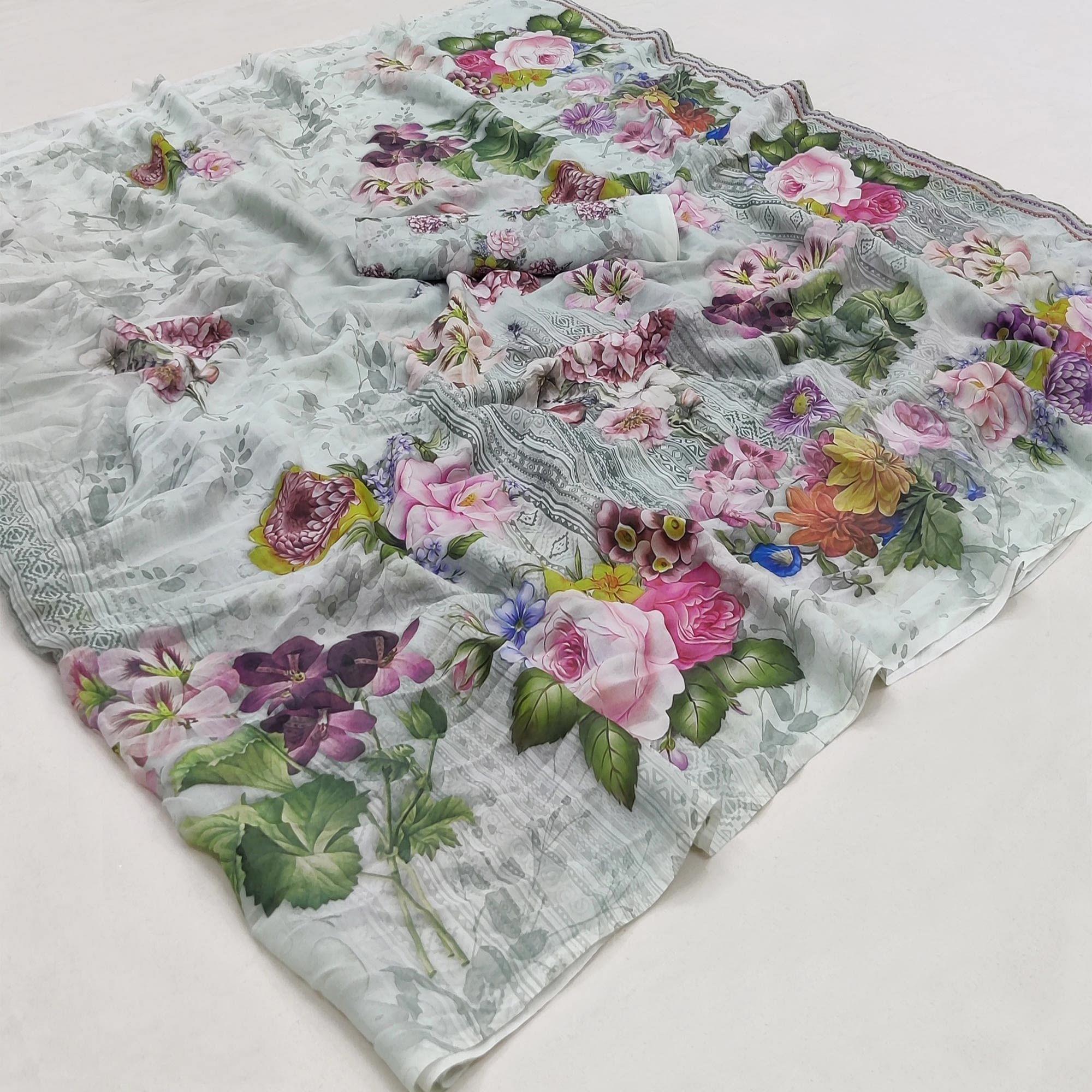 Grey Casual Wear Floral Printed Georgette Saree - Peachmode