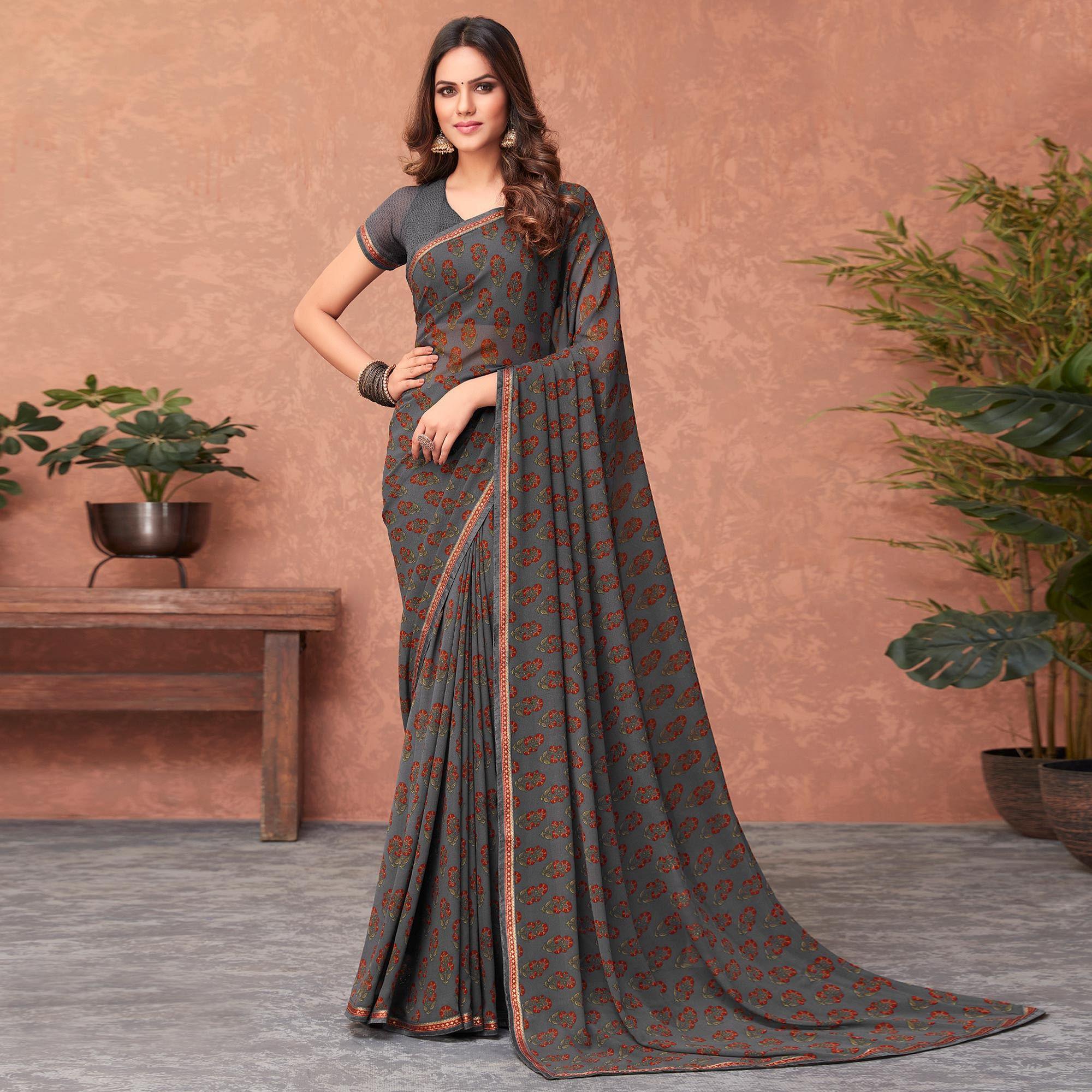 Grey Casual Wear Floral Printed Georgette Saree - Peachmode