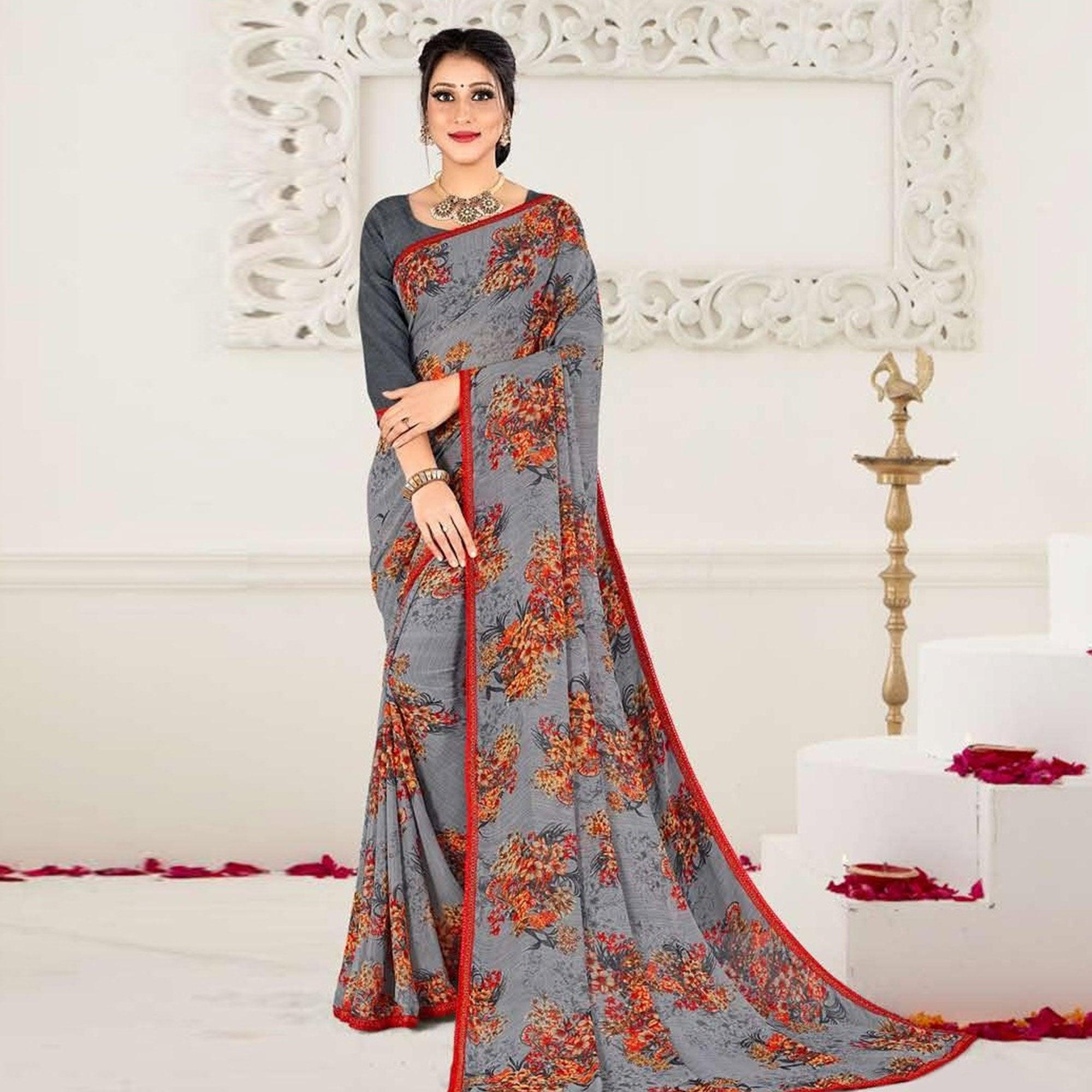 Grey Casual Wear Floral Printed Georgette Saree - Peachmode