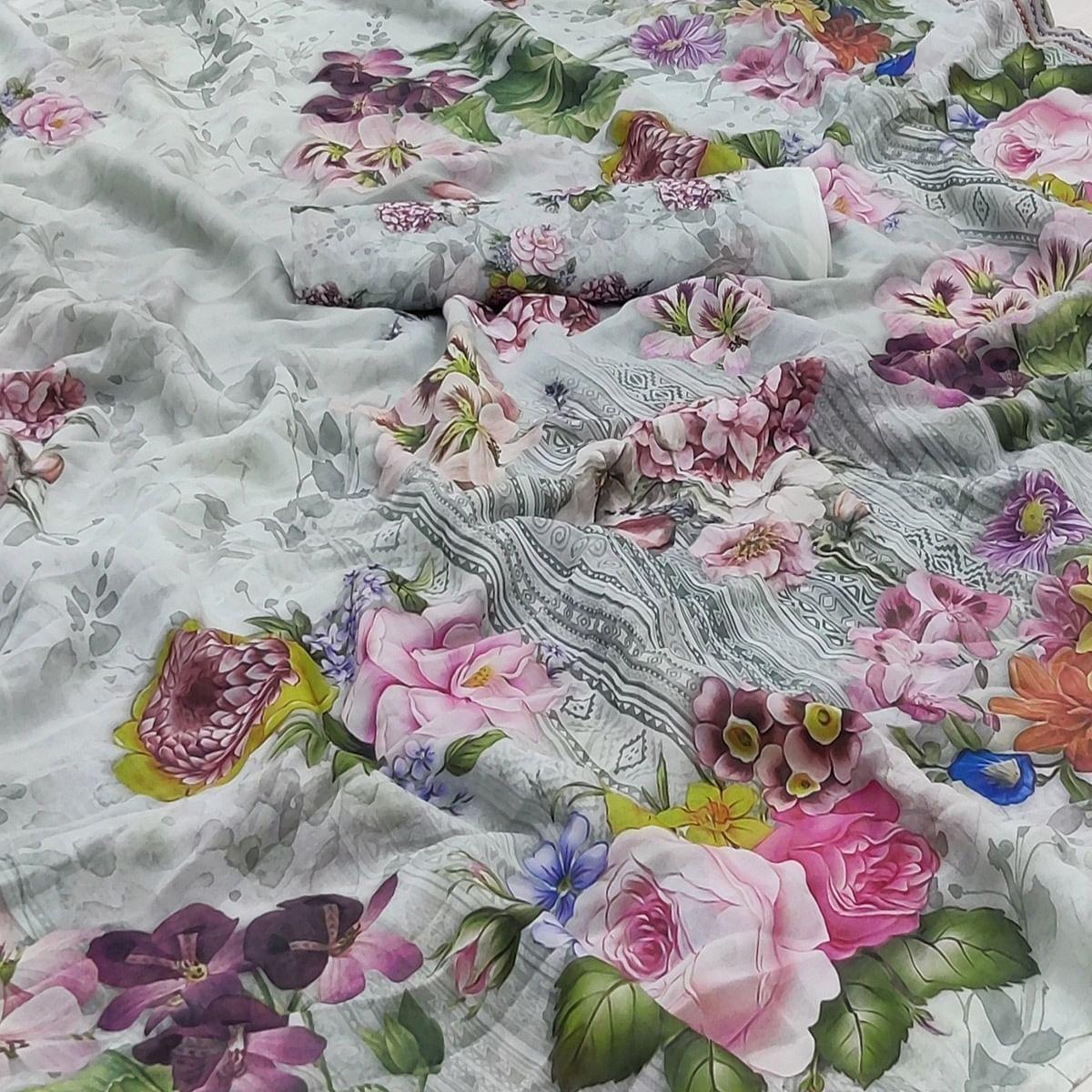 Grey Casual Wear Floral Printed Georgette Saree - Peachmode